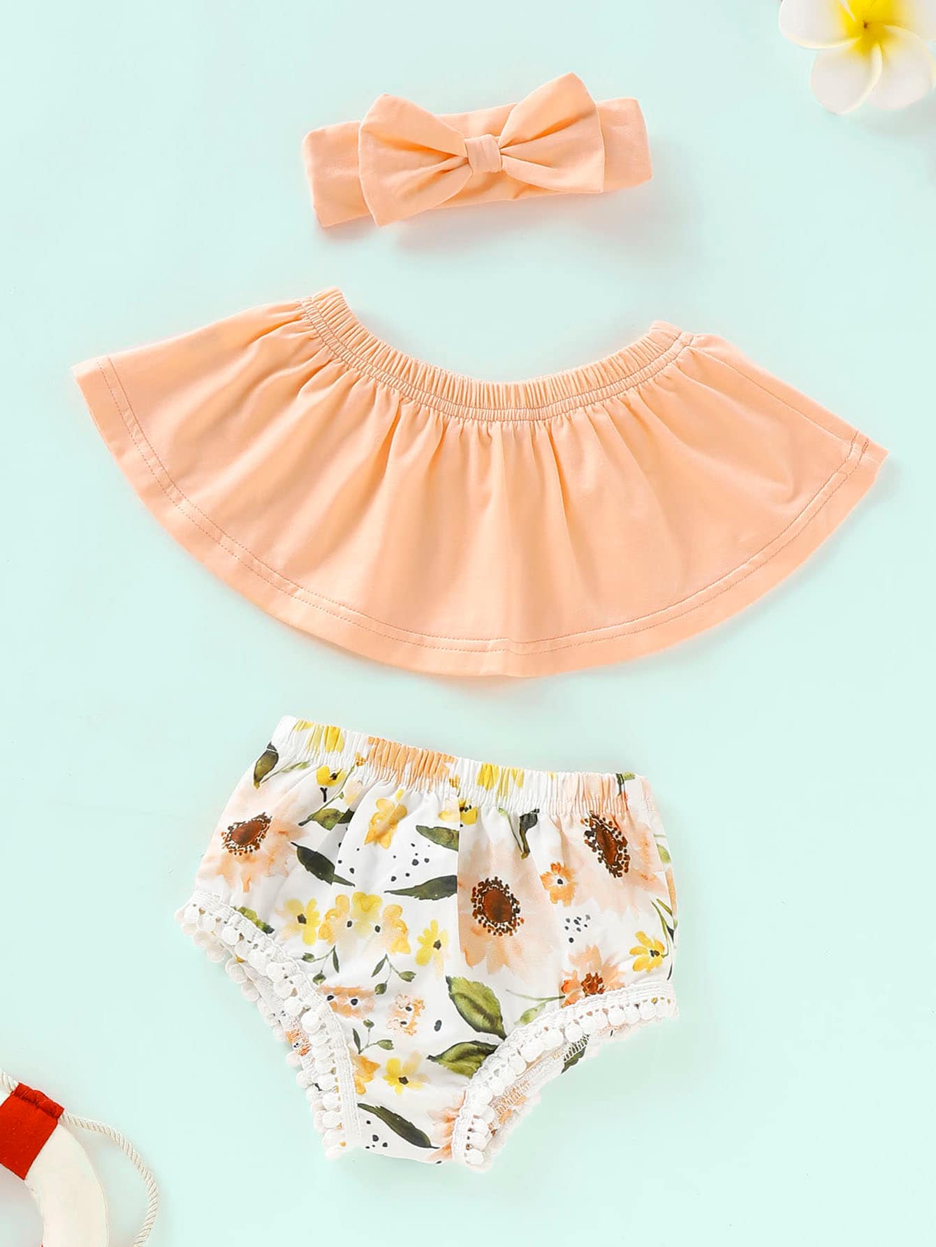 Baby Solid Bandeau & Floral Print Shorts & Headband