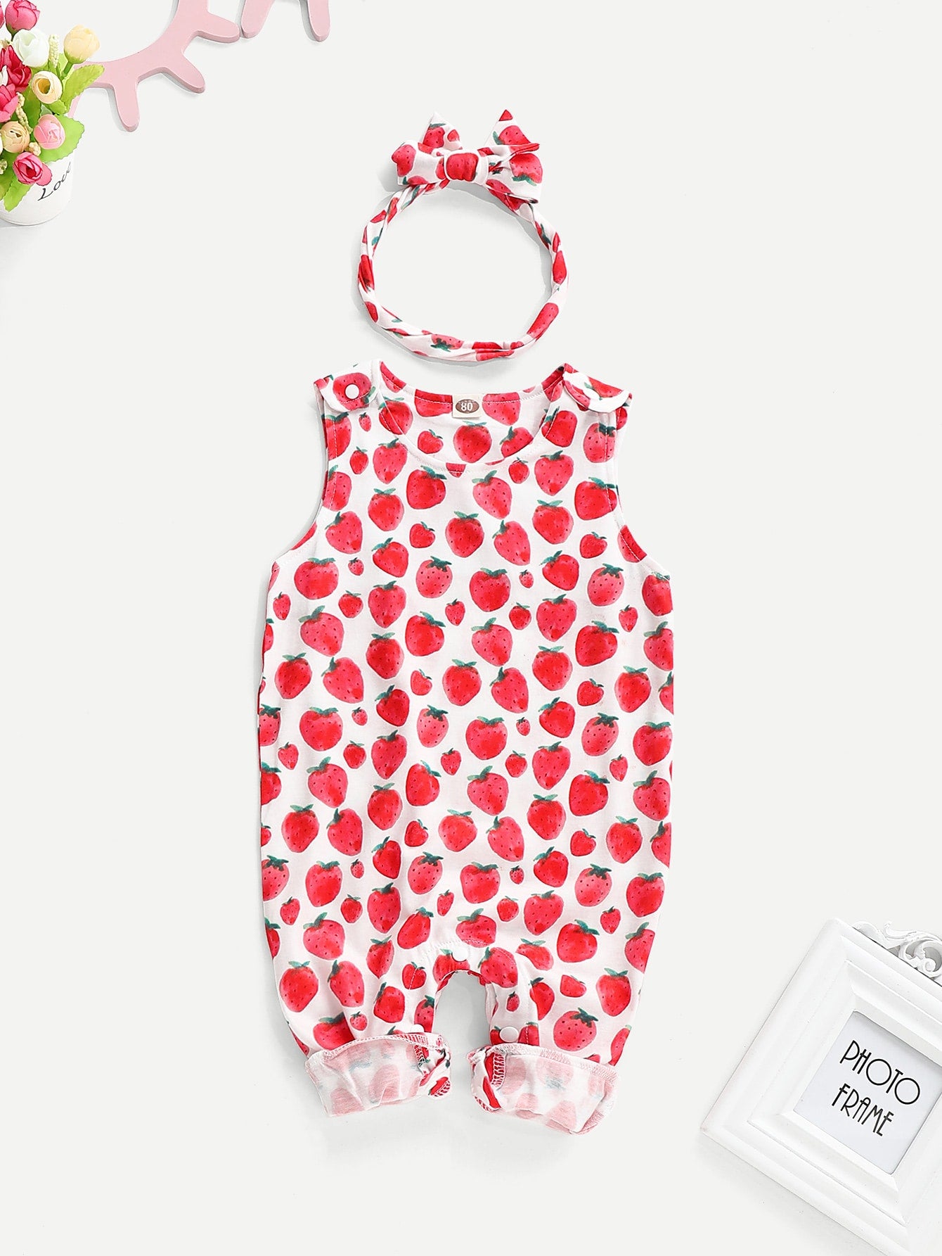 Baby Strawberry Print Jumpsuit & Headband