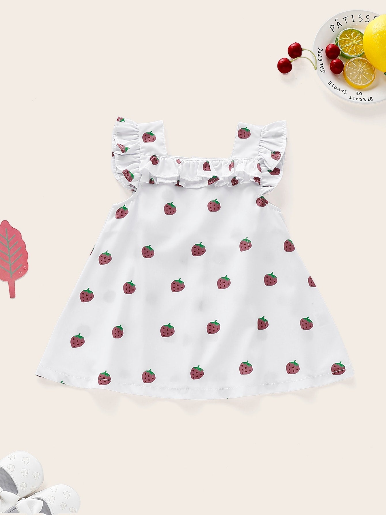 Baby Strawberry Print Layer Ruffle Trim Smock Dress