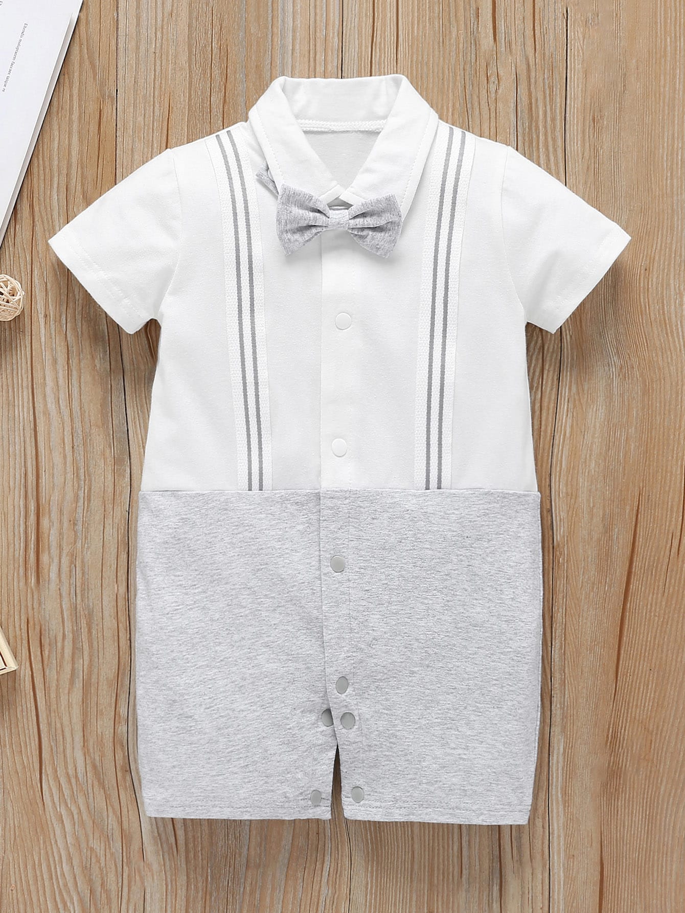 Baby Striped Tape Bow Popper Front Jumpsuit