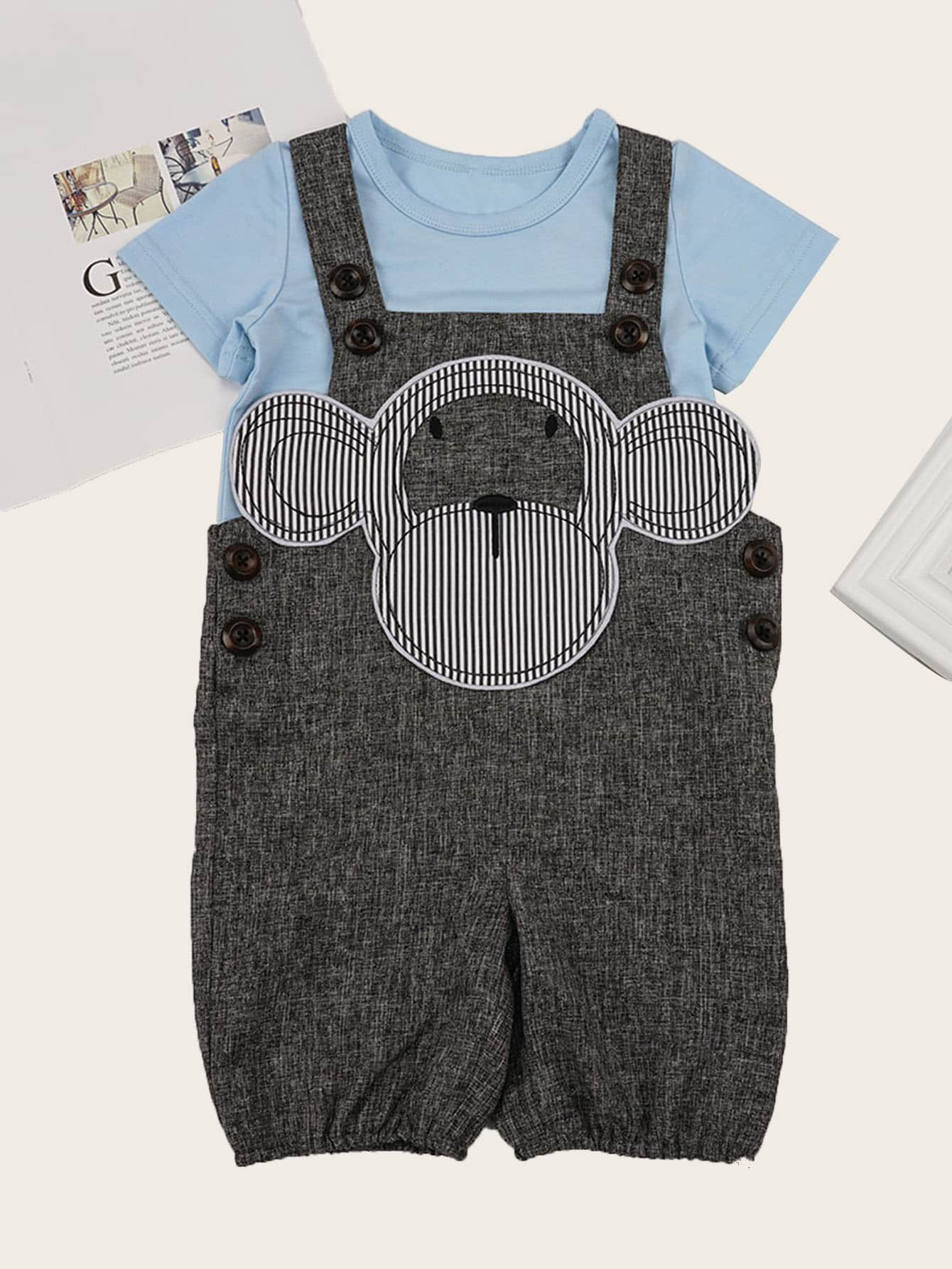 Baby Top With Cartoon Patched Overalls