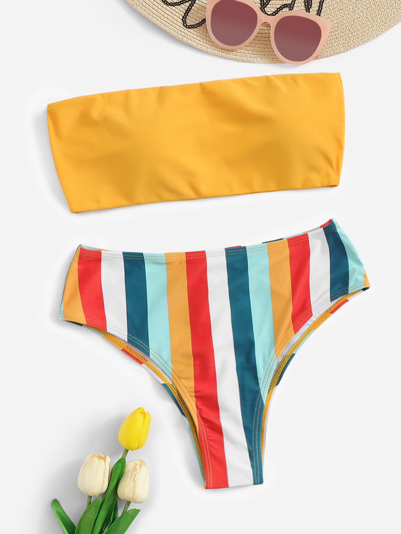 Bandeau With Striped Bikini Set