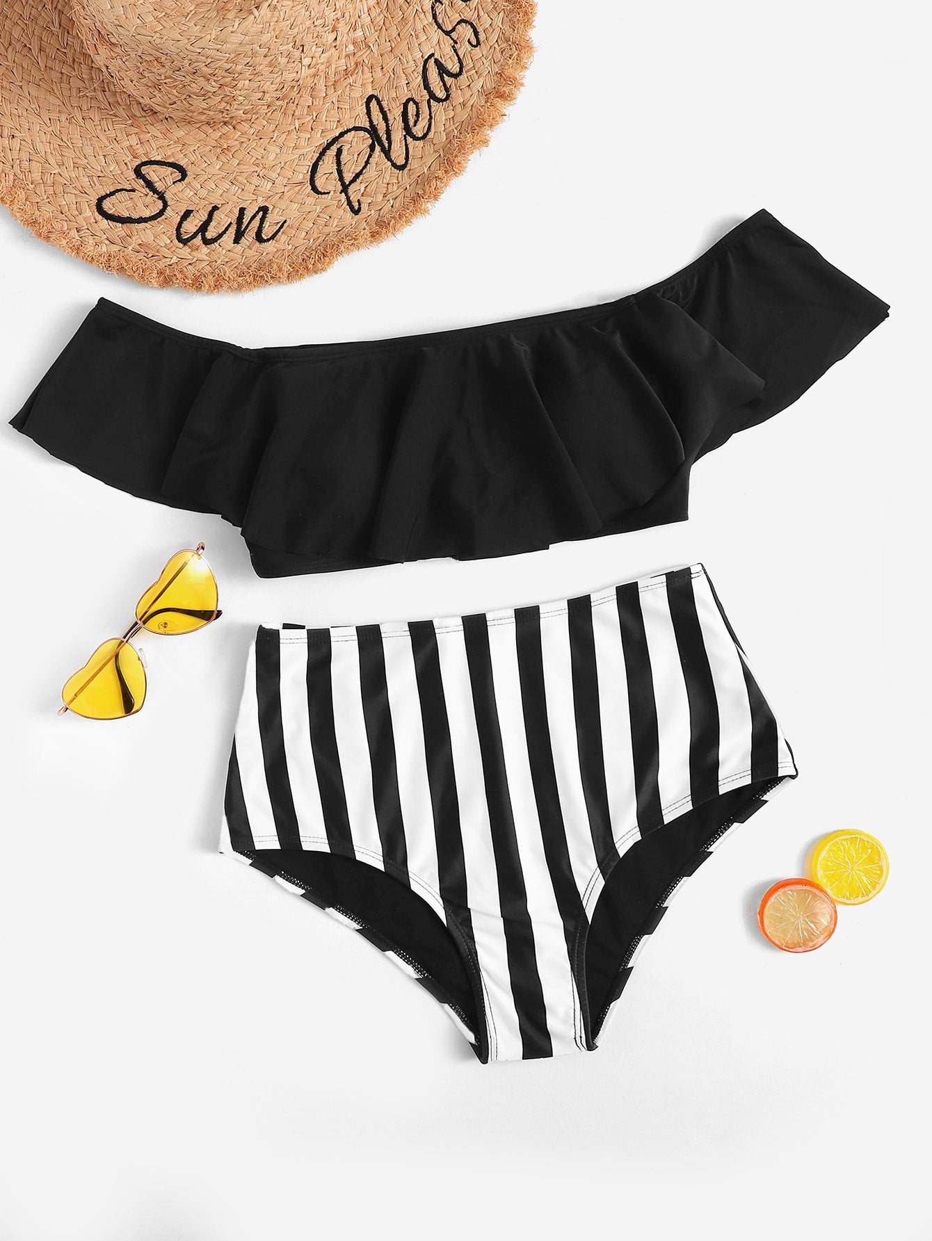 Bardot Flounce Top With Striped High Waist Bikini