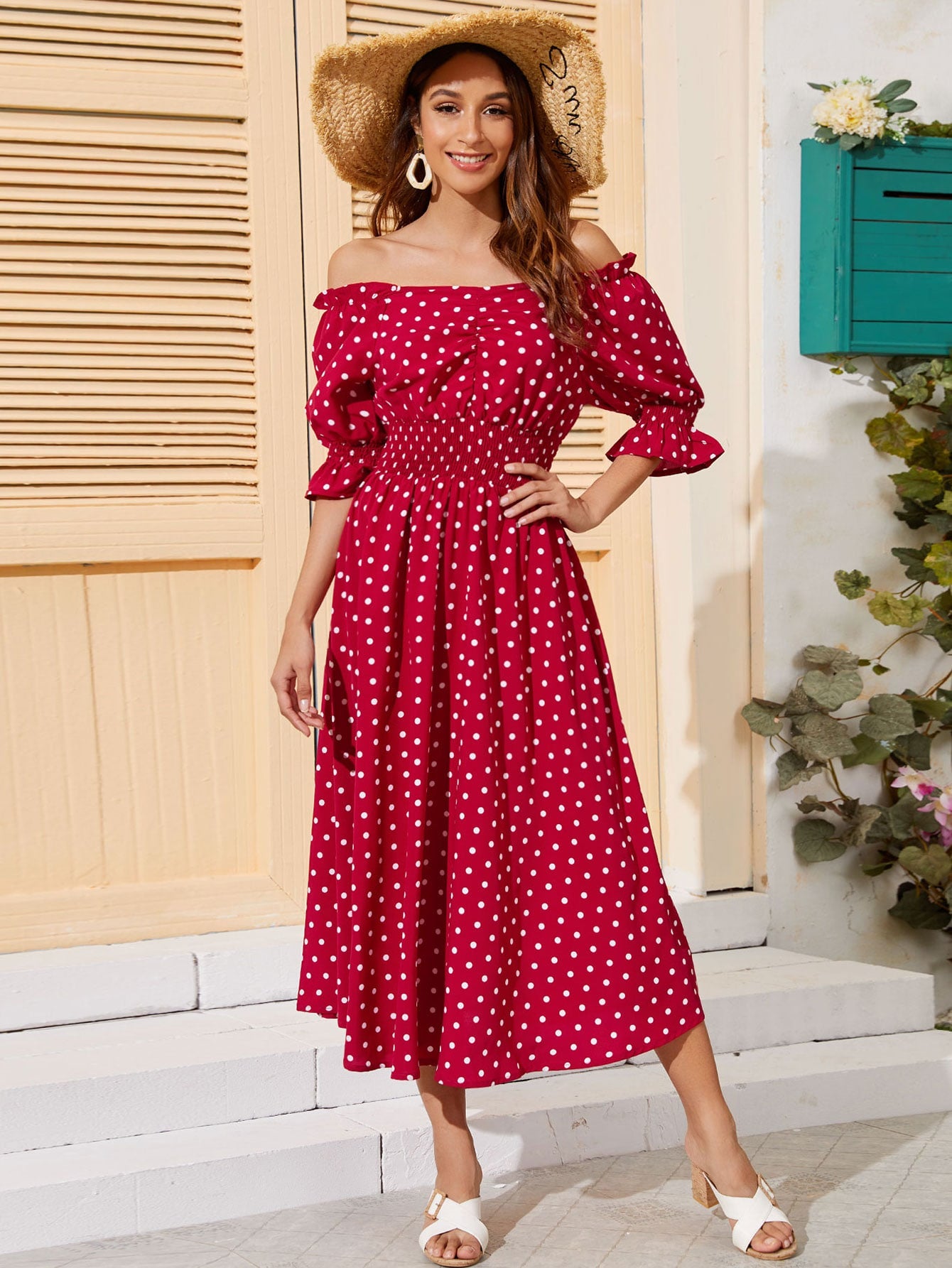 Bardot Polka Dot Shirred Waist Longline Dress