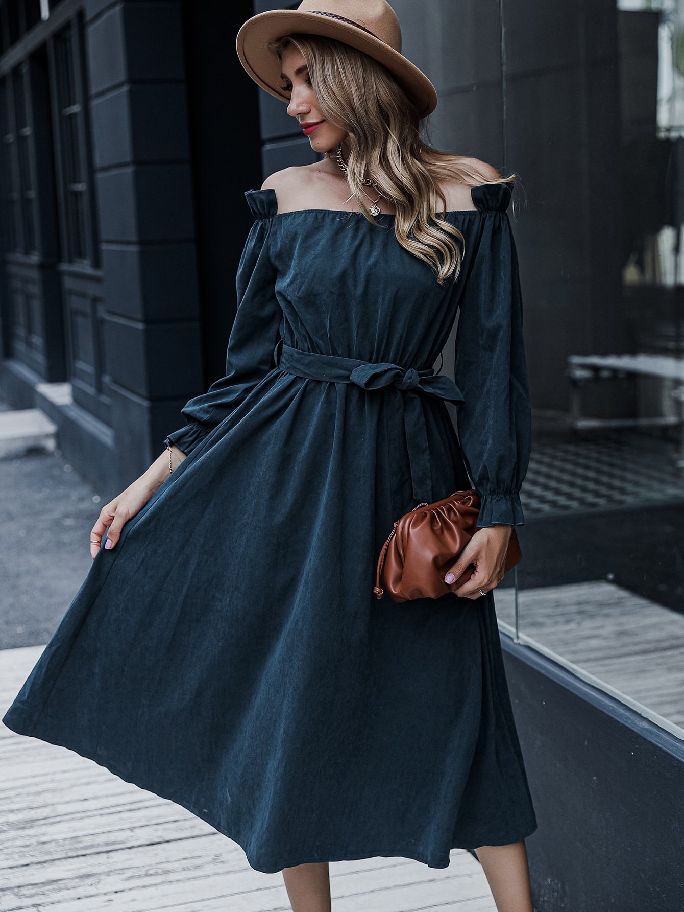 Bardot Ruffle Trim Belted A-line Dress