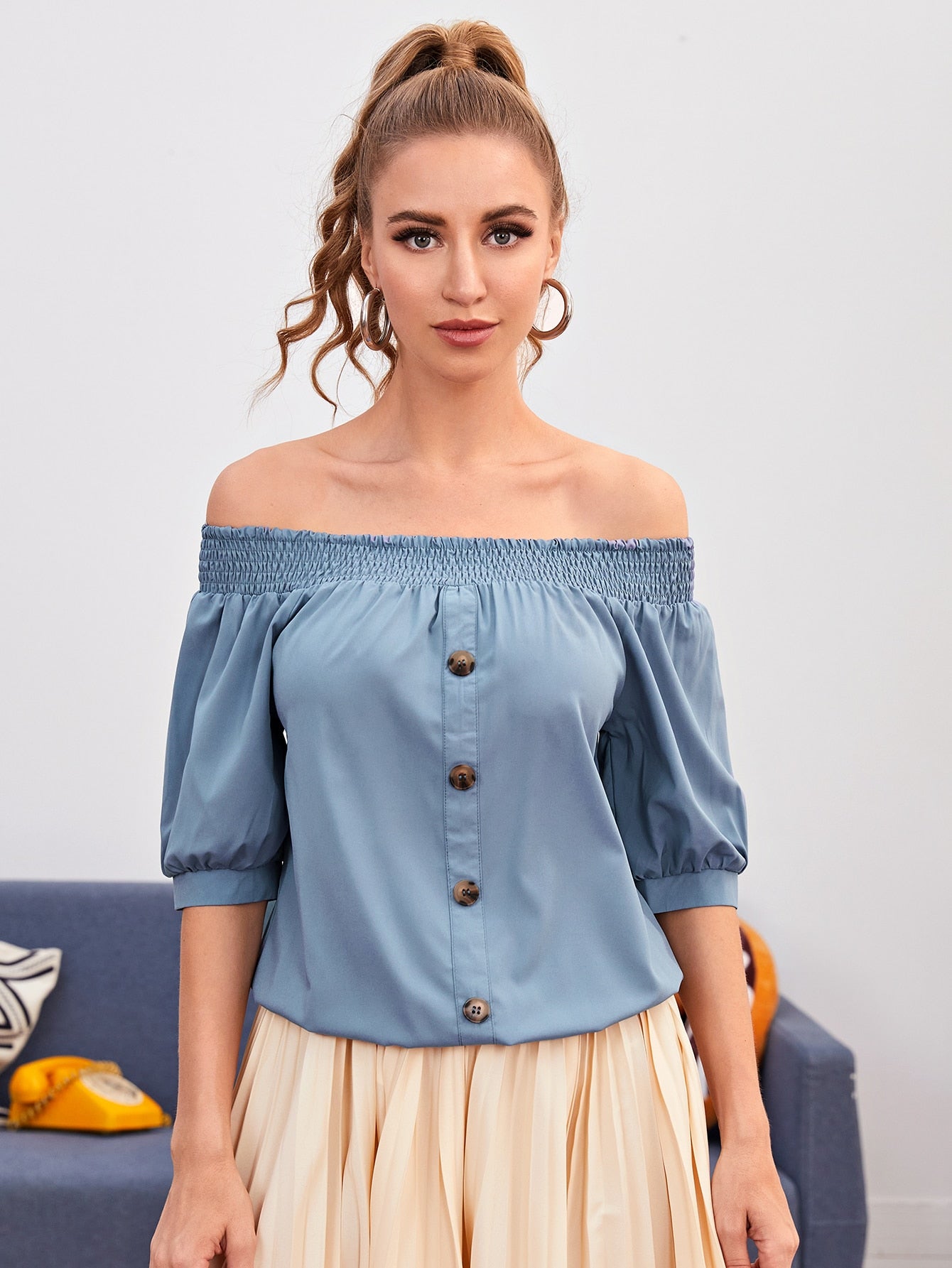 Bardot Shirred Button Front Blouse