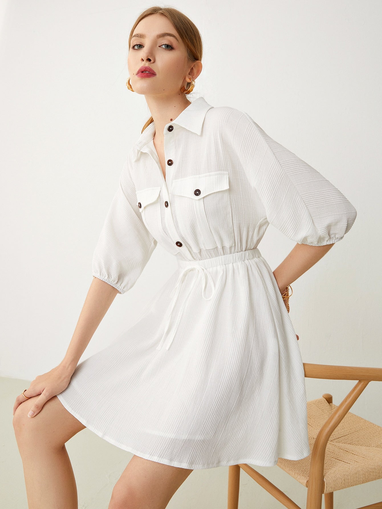 Batwing Sleeve Elastic Waist Flap Pocket Shirt Dress