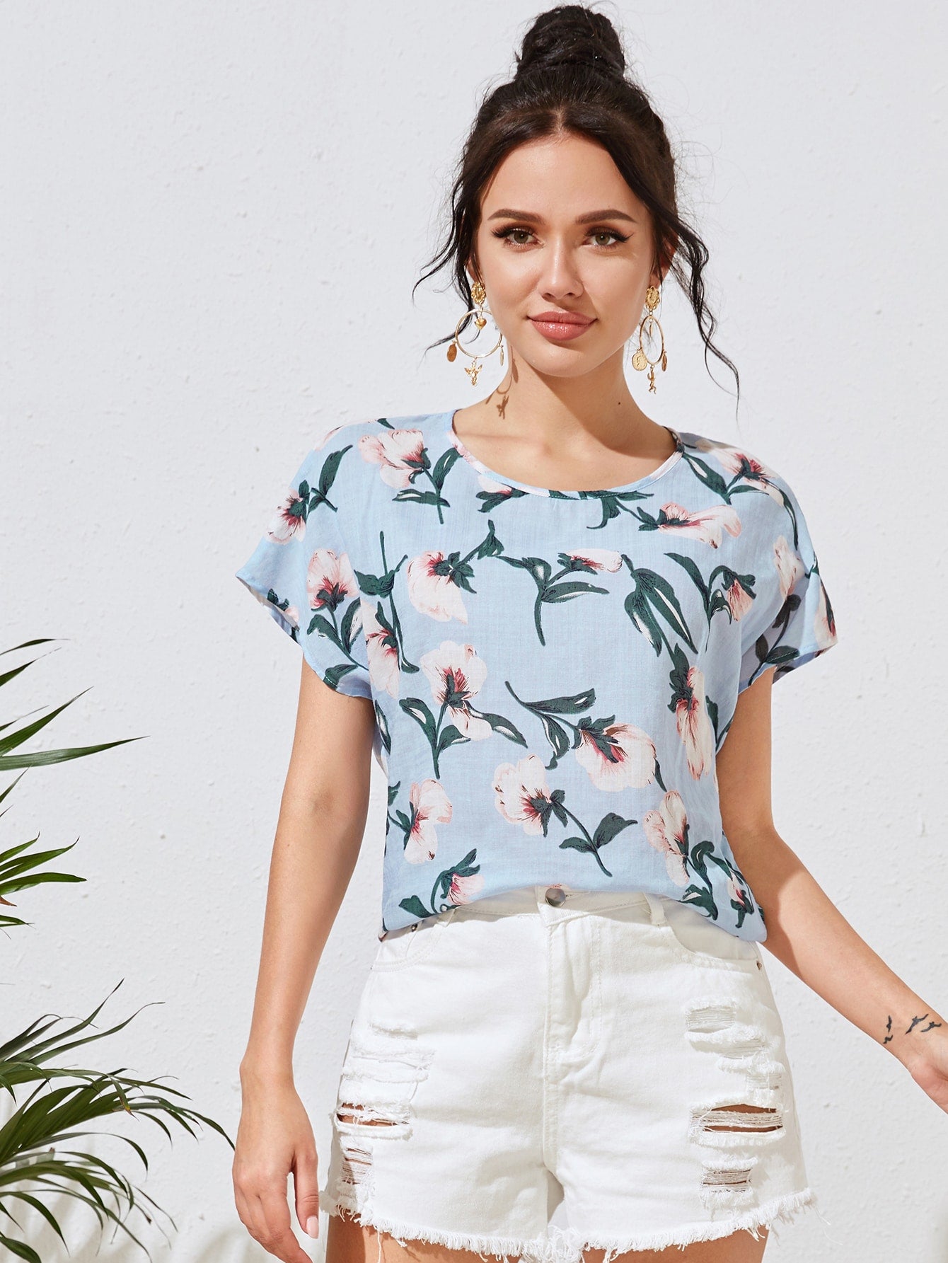 Batwing Sleeve Floral Print Top