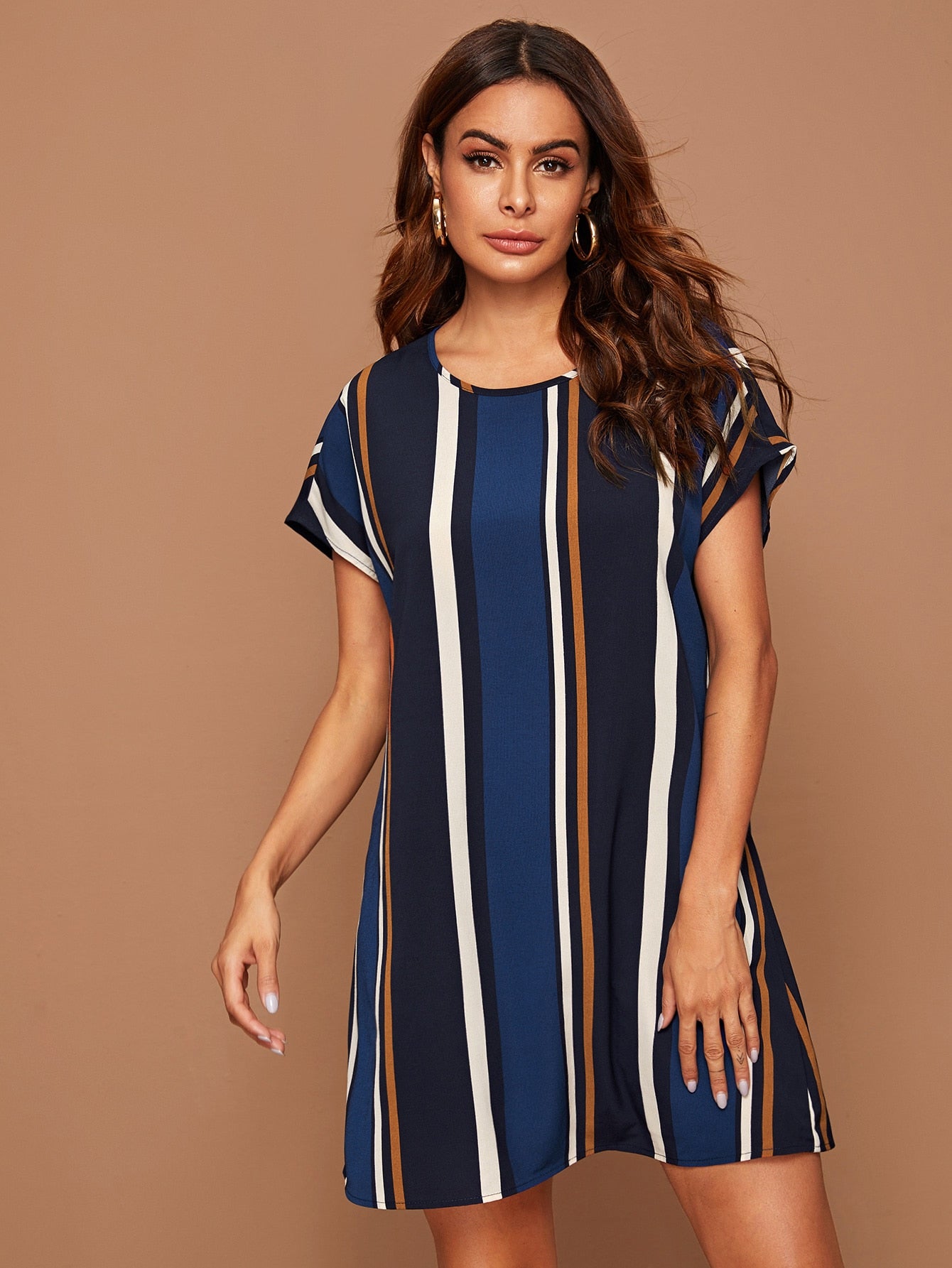 Batwing Sleeve Keyhole Back Striped Tunic Dress