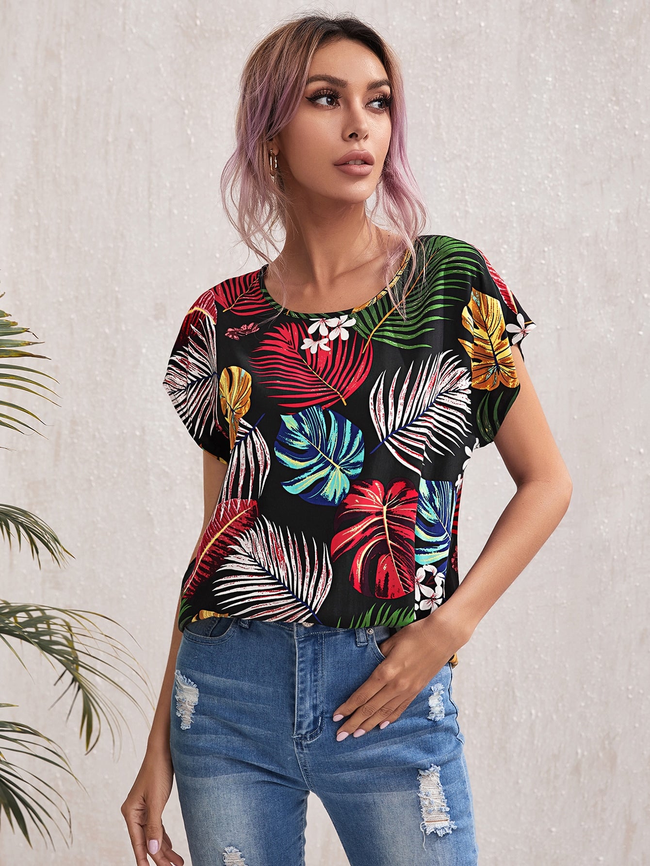 Batwing Sleeve Tropical Print Top