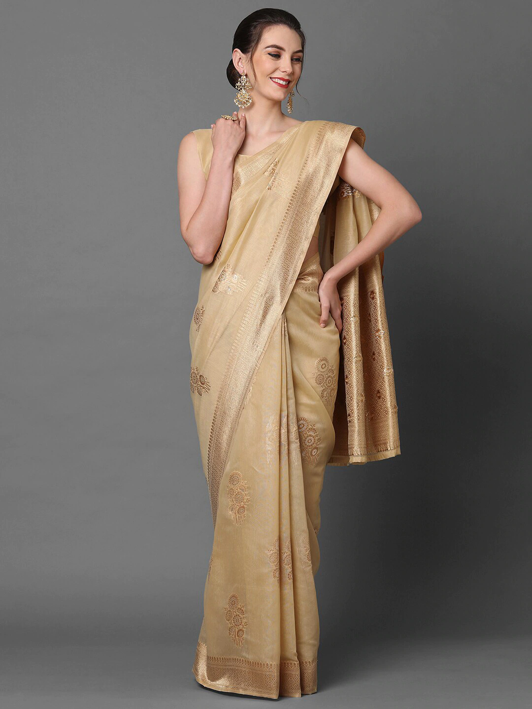 Beige & Gold-Coloured Ethnic Silk Blend Saree