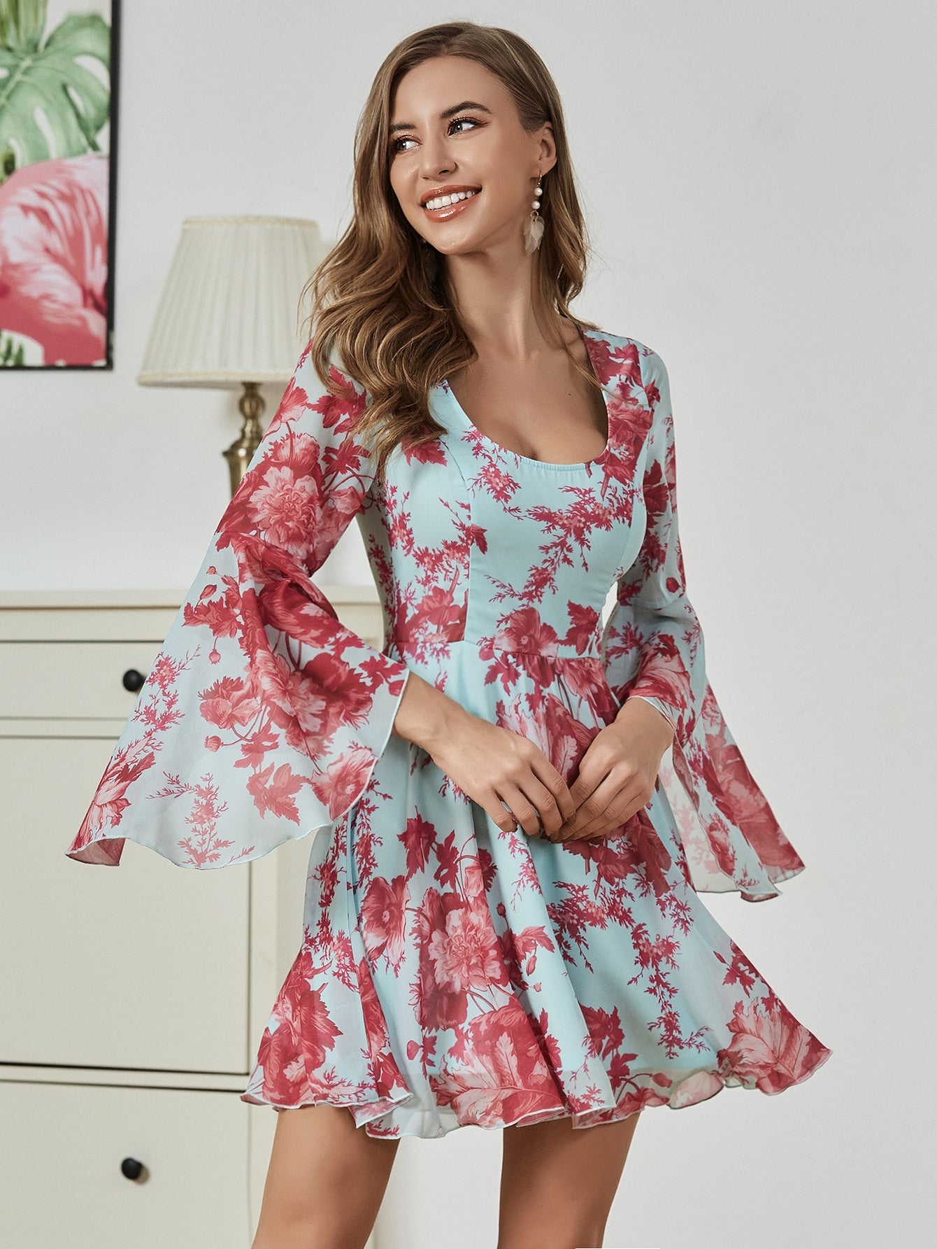 Bell Sleeve Floral Print Dress