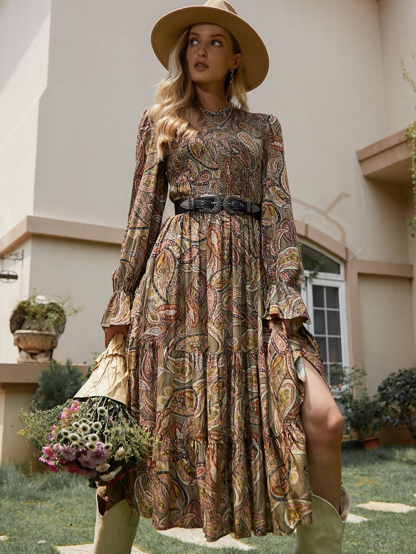 Bell Sleeve Flounce Hem Paisley Dress Without Belt