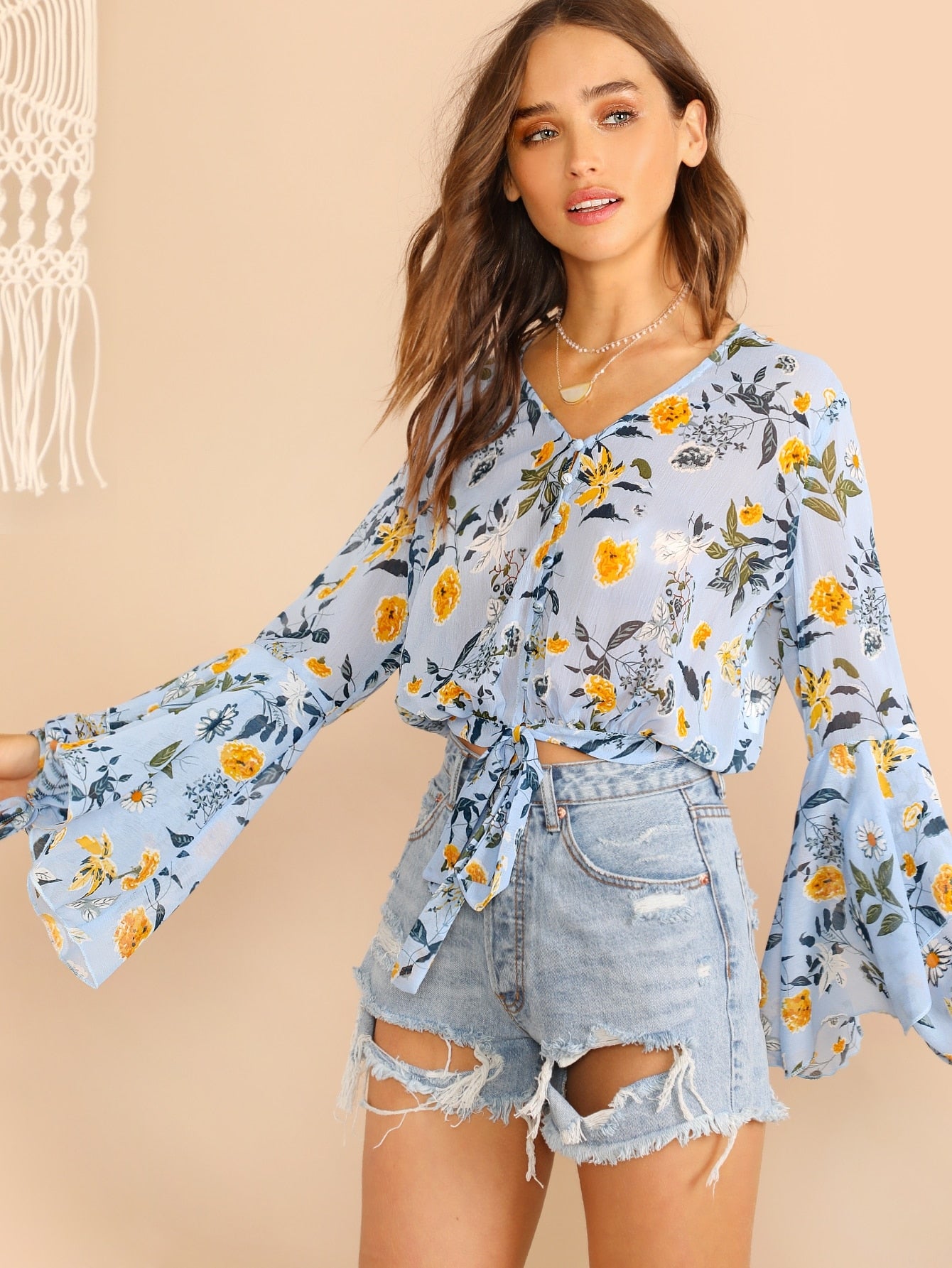 Bell Sleeve Knot Front Botanical Print Blouse