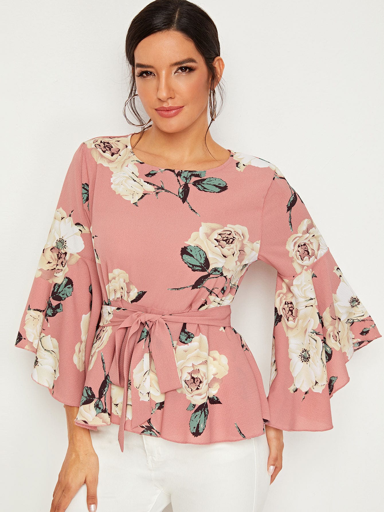 Bell Sleeve Knot Front Floral Blouse