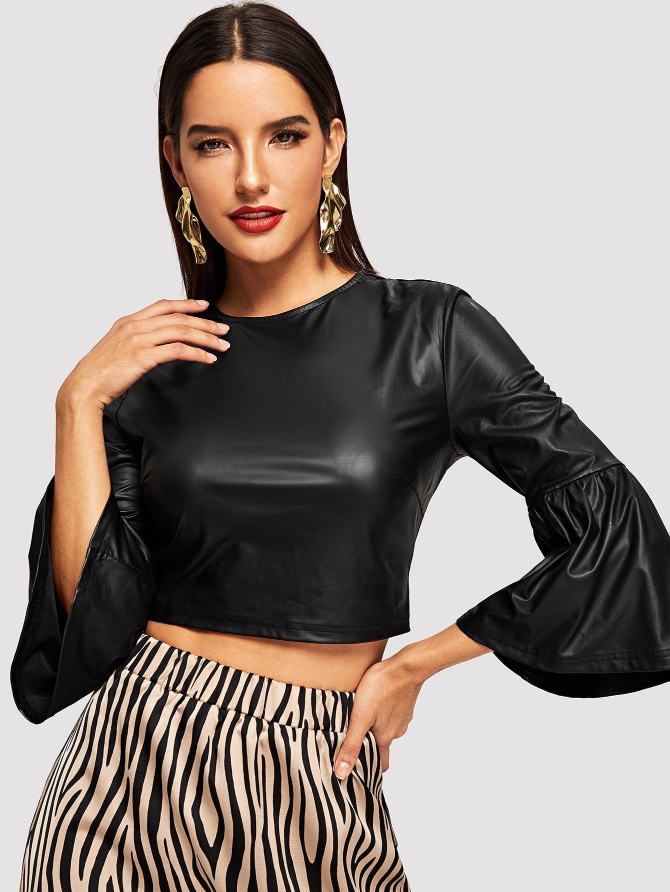 Bell Sleeve Leather Look Crop Top