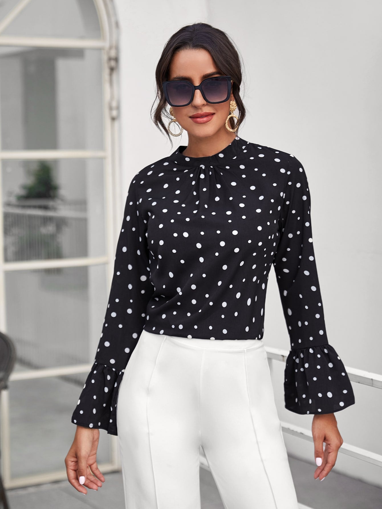 Bell Sleeve Polka Dot Ruched Front Top