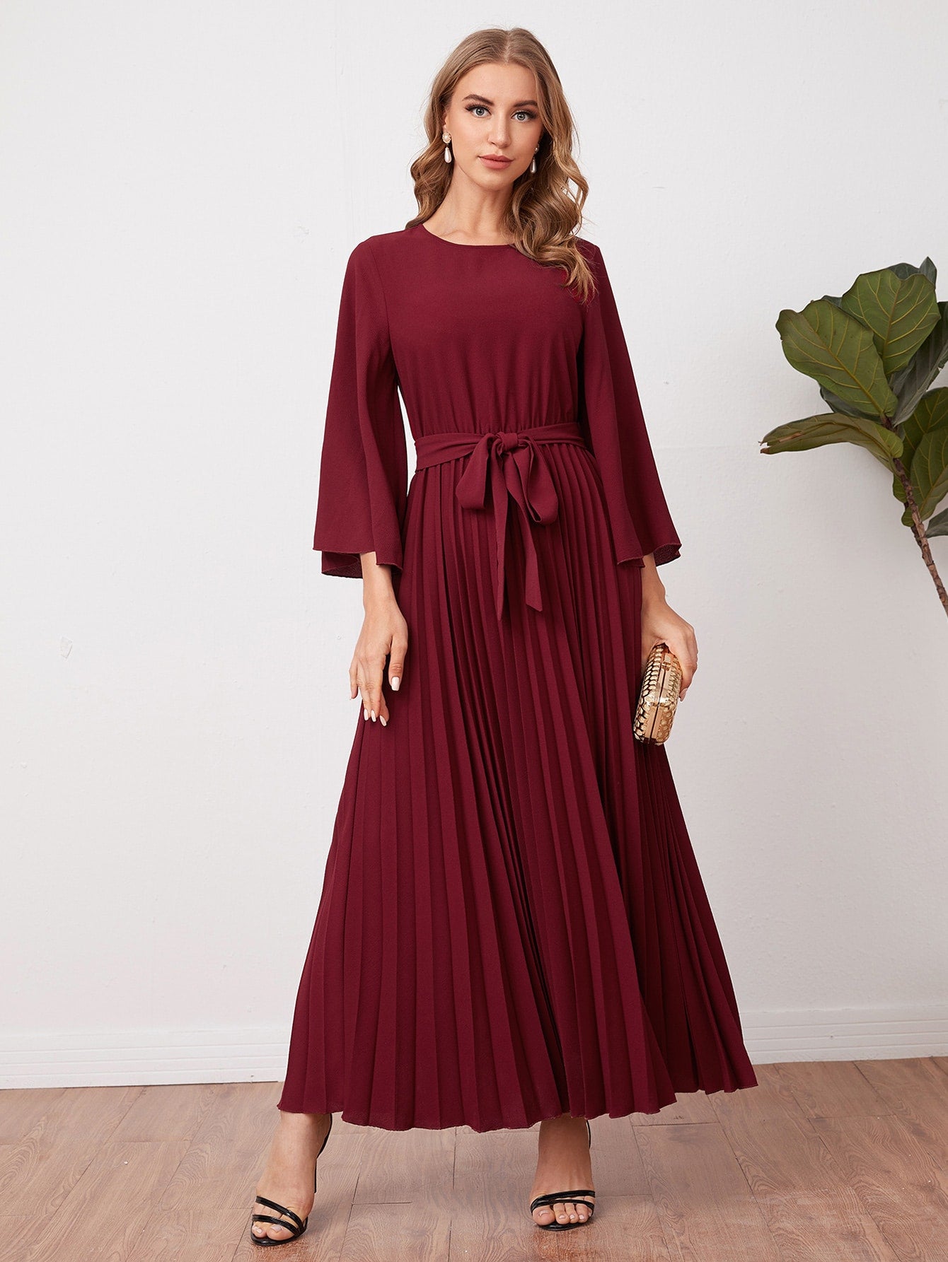 Bell Sleeve Self Belted Pleated Dress