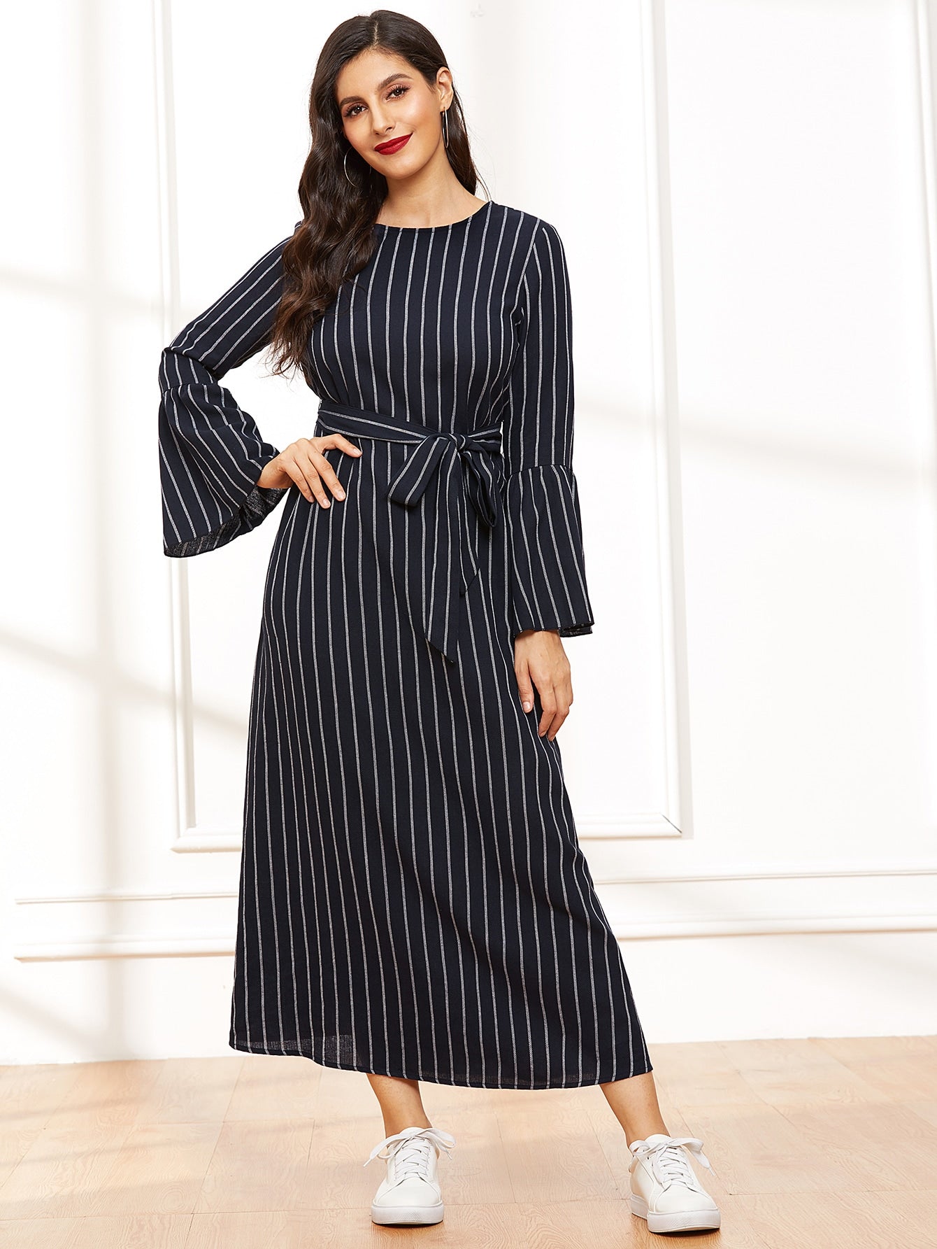 Bell Sleeve Self Belted Striped Hijab Dress