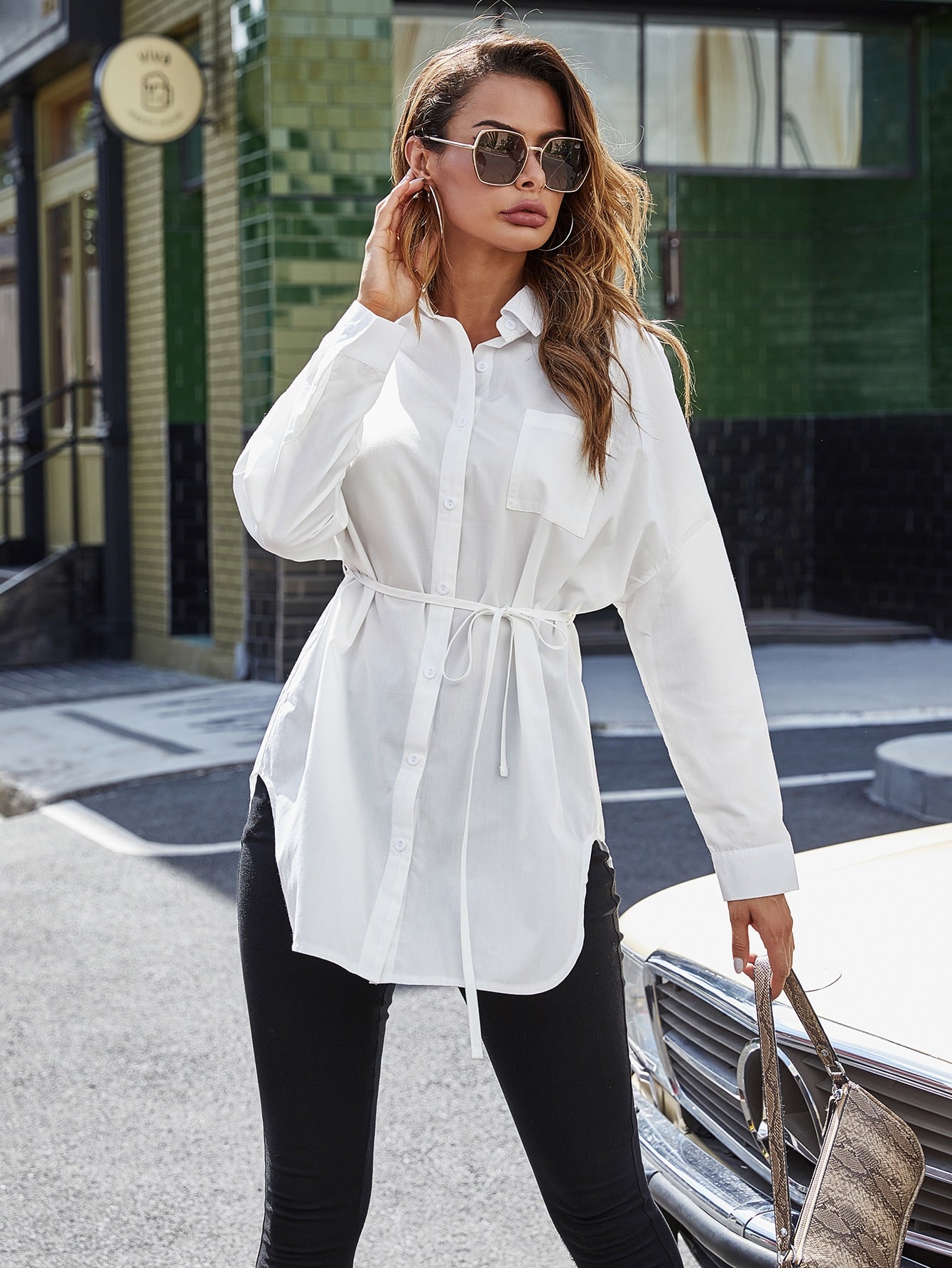 Belted Curved Hem Tunic Blouse