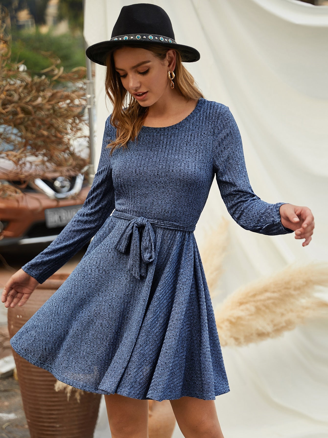 Belted Rib-knit Flared Hem Dress