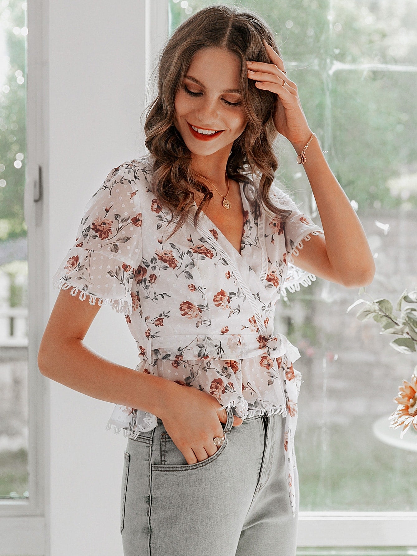 Belted Swiss Dot Floral Top