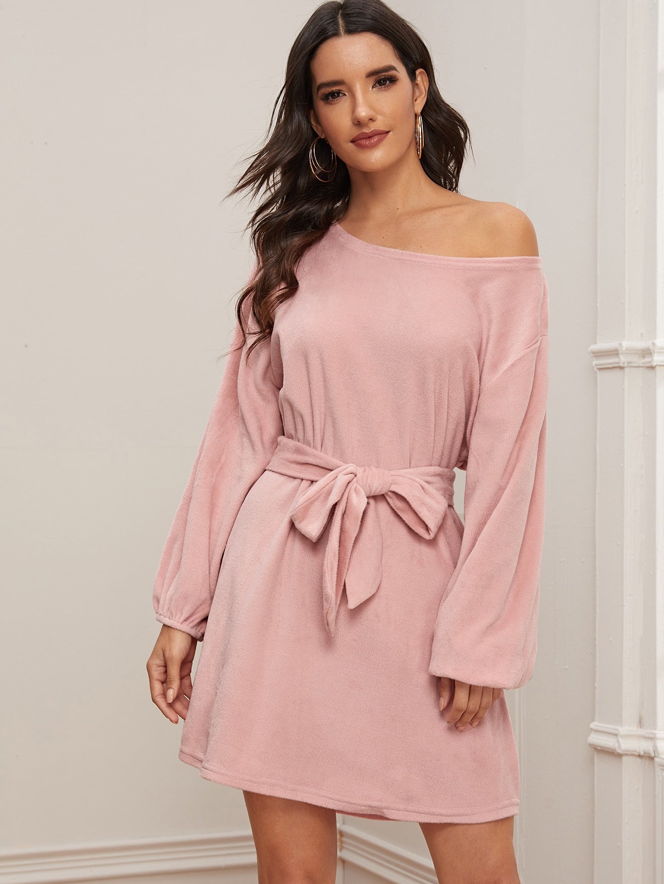 Bishop Sleeve Belted Fleece Dress