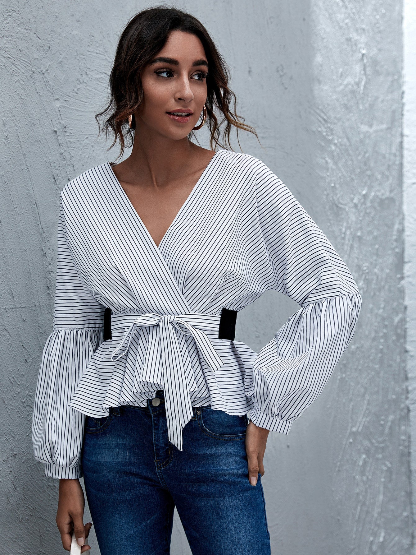 Bishop Sleeve Belted Striped Peplum Top