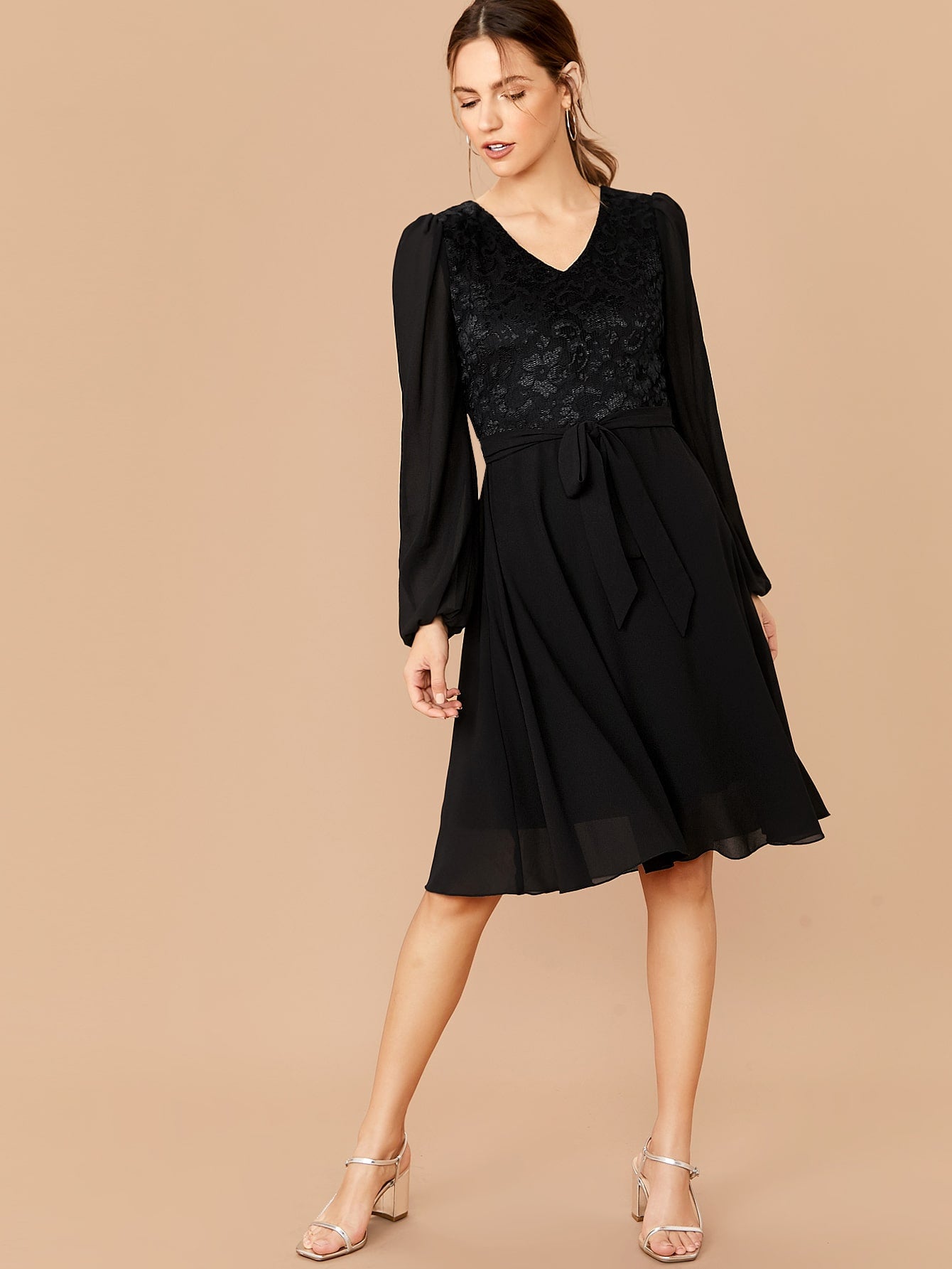 Bishop Sleeve Lace Bodice Belted Dress