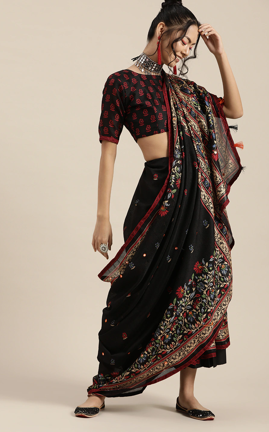 Black & Cream Block Print Saree