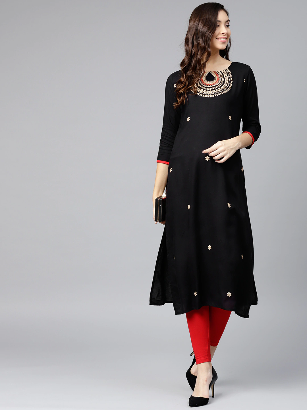 Black Embroidered Straight Kurta