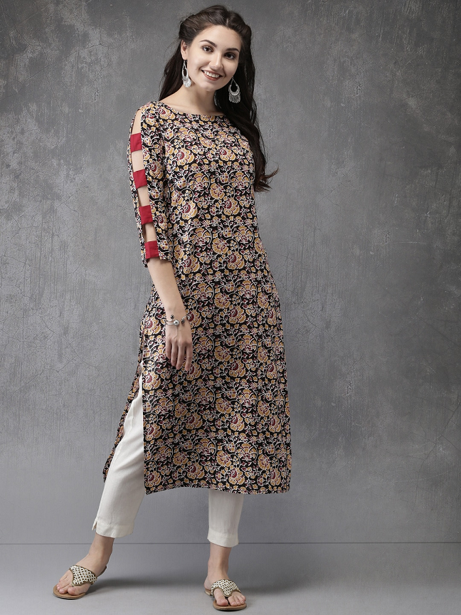 Black Floral Cotton Kurta With Cut Sleeves