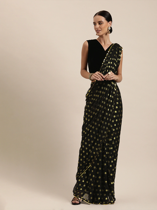 Black + Gold Pattern Pure Georgette Woven Saree