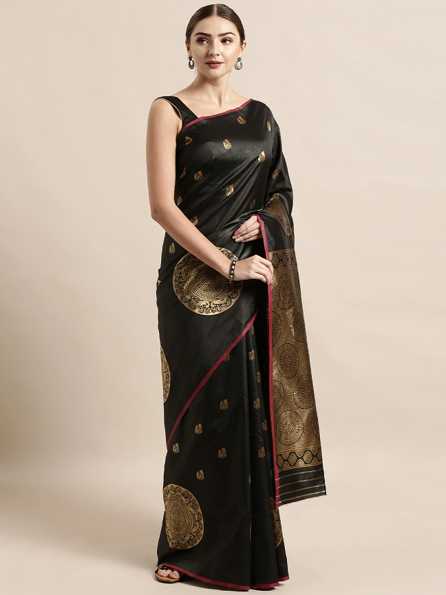 Black & Gold-Toned Silk Blend Woven Design Banarasi Saree