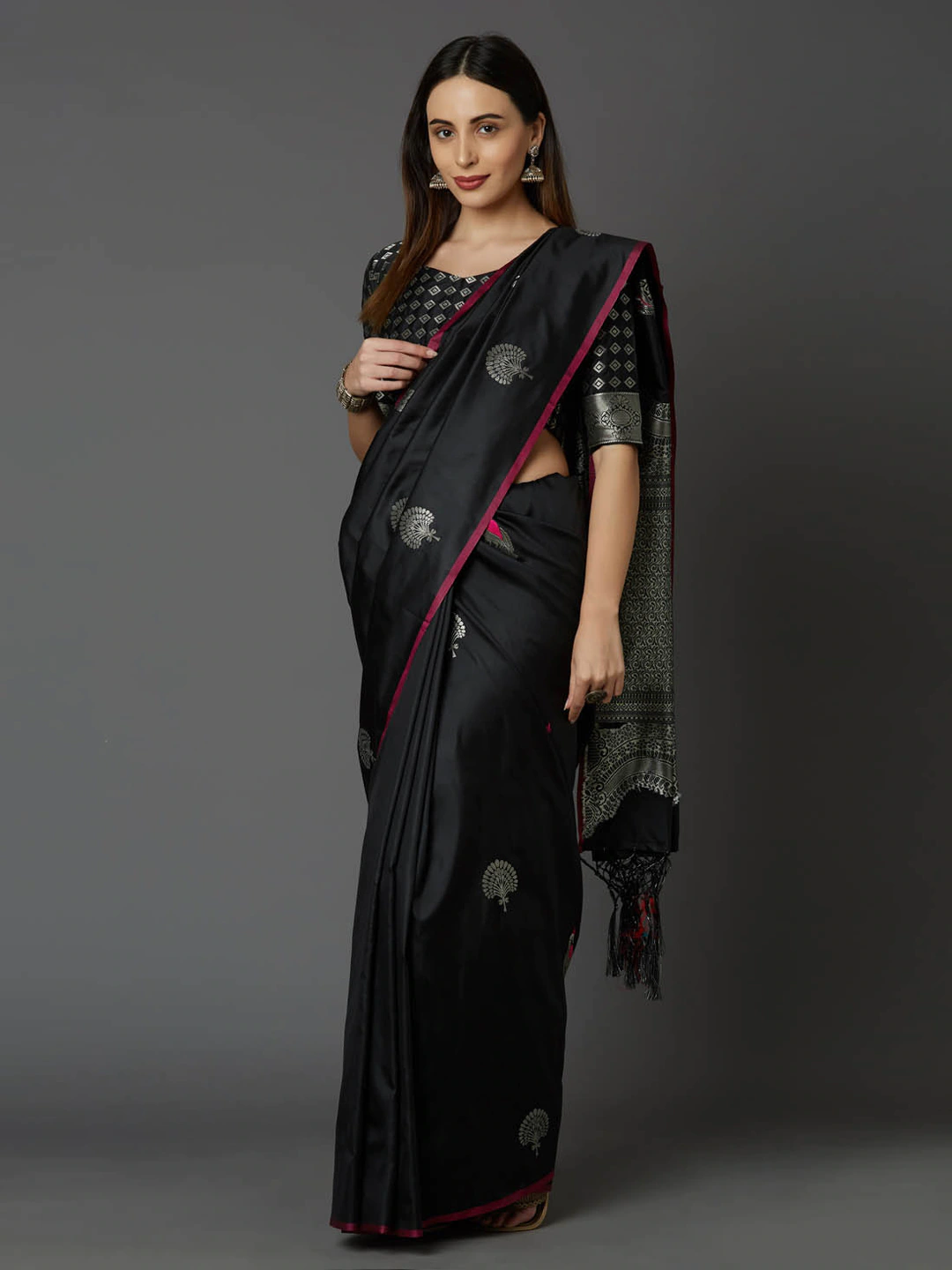 Black & Silver-Toned Silk Blend Saree