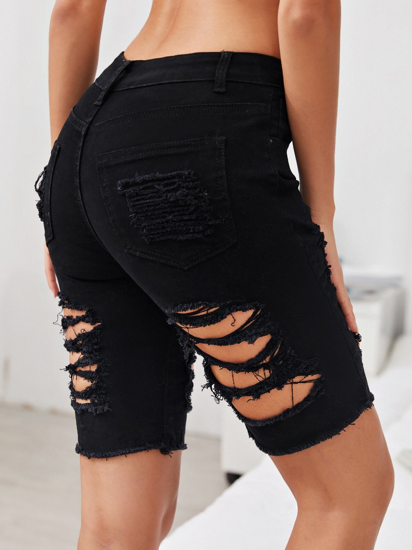 Black Wash Ripped Raw Hem Bermuda Denim Shorts