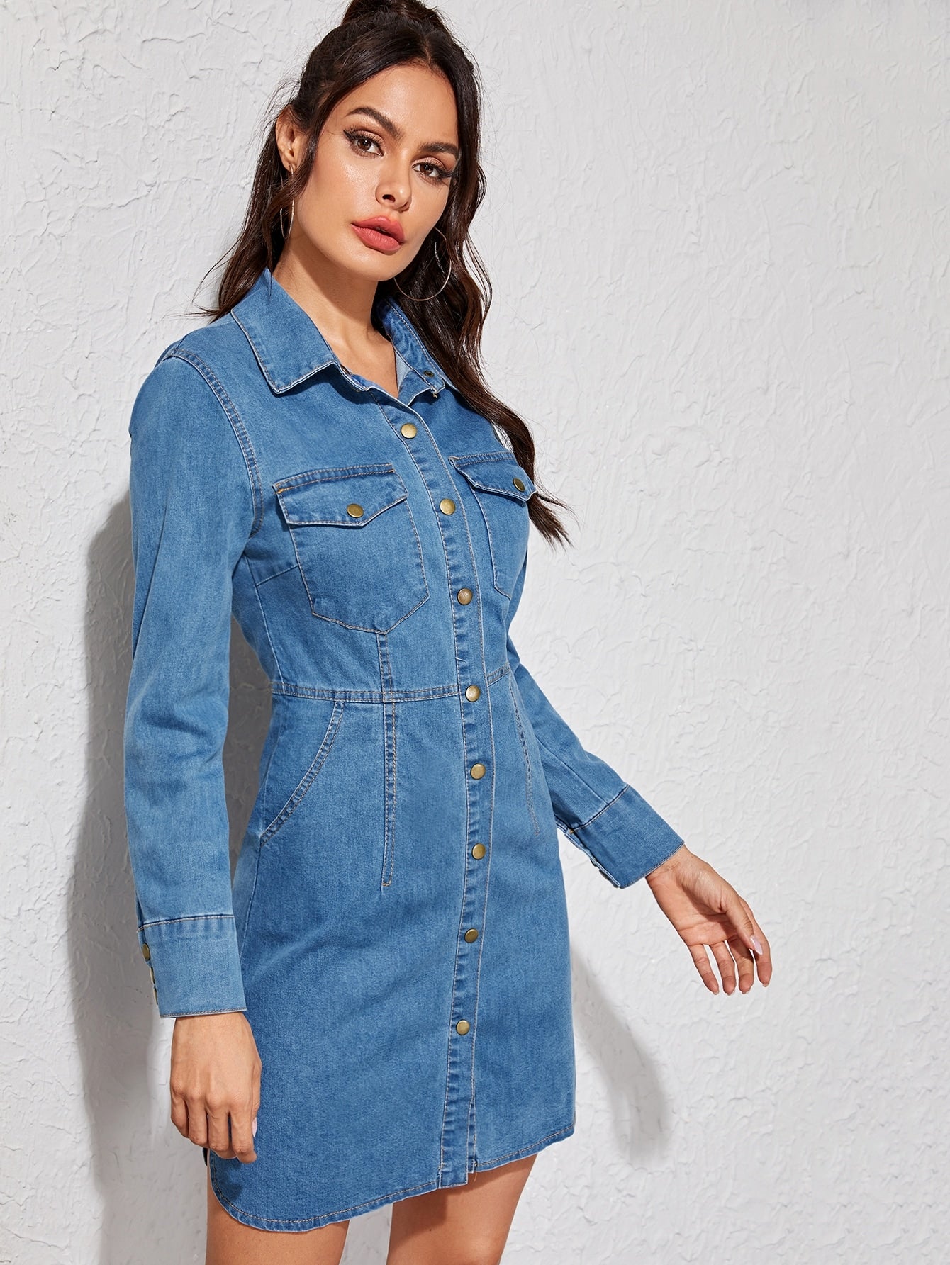 Bleach Wash Button Front Slit Side Denim Dress