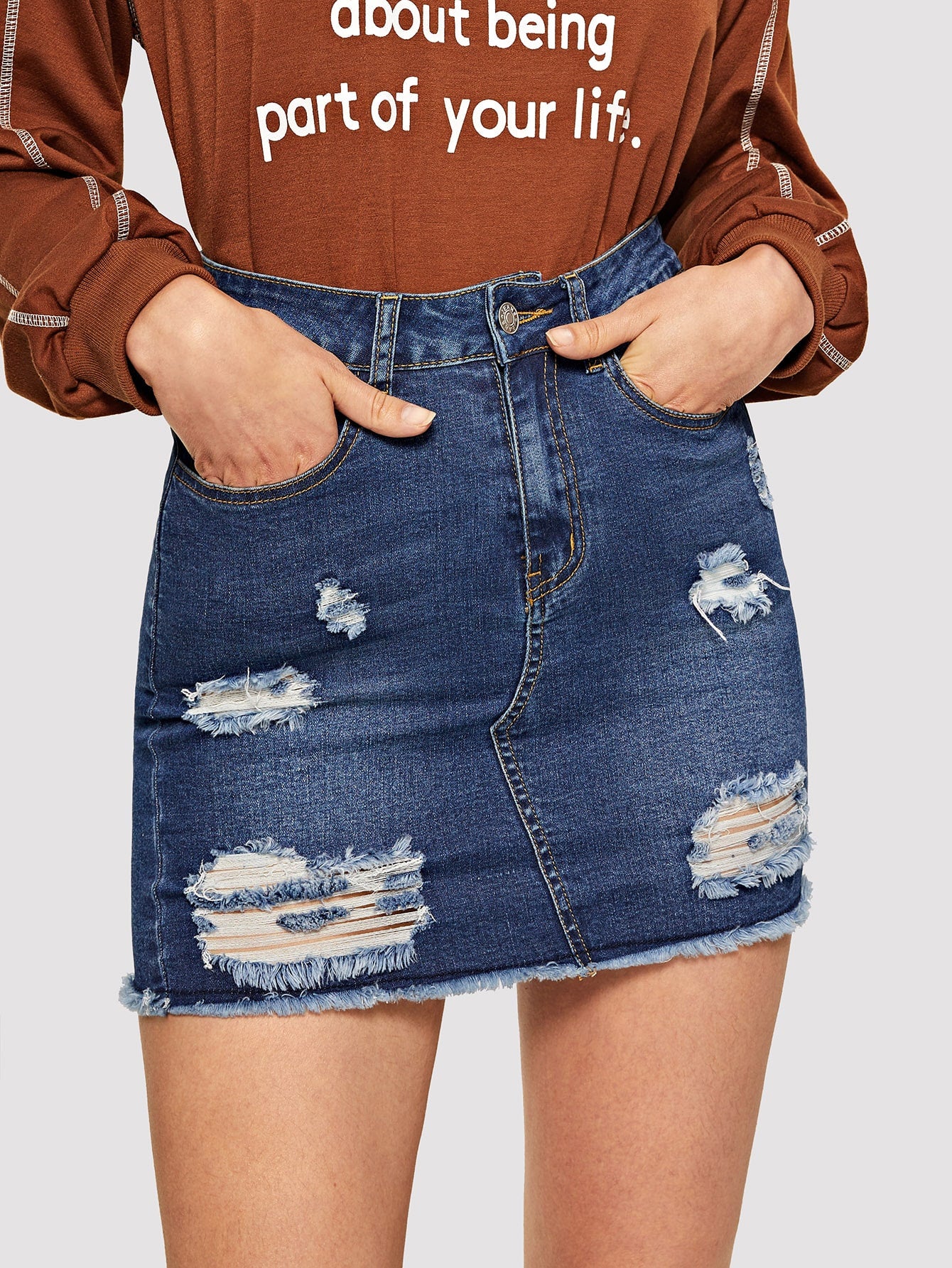 Bleach Wash Distressed Denim Skirt