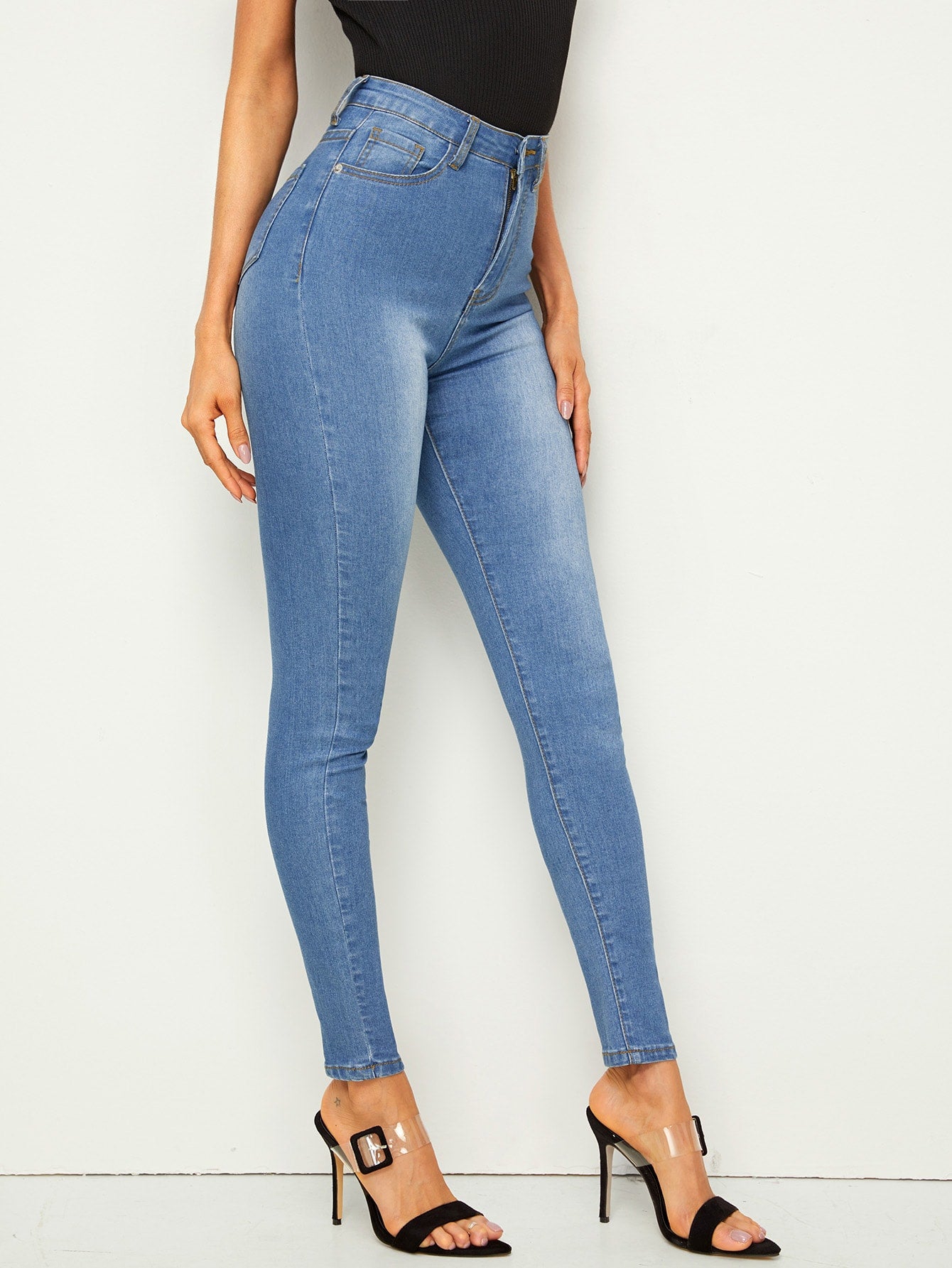 Bleach Wash High Waist High Stretch Skinny Jeans