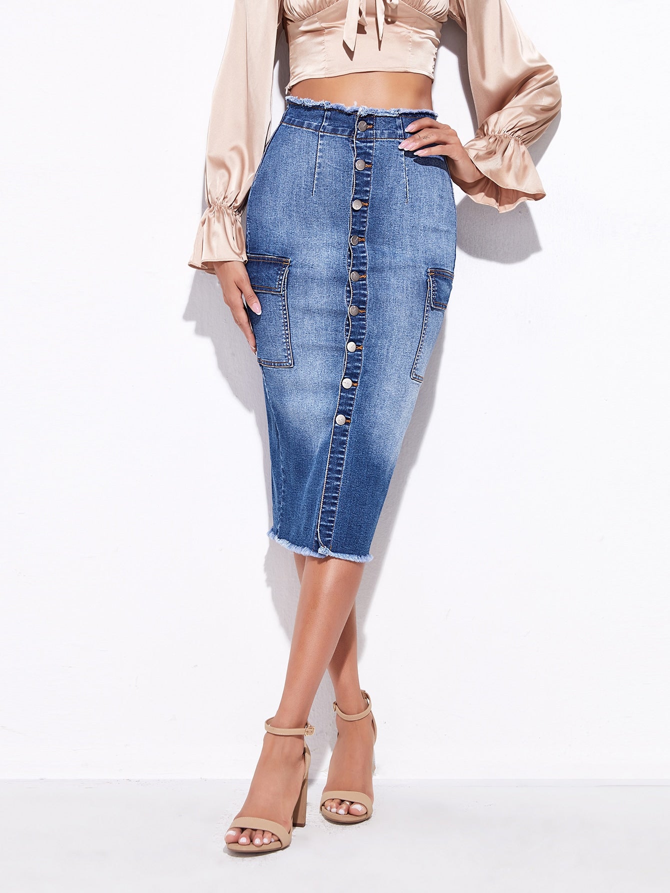 Bleach Wash Raw Hem Button Fly Denim Skirt