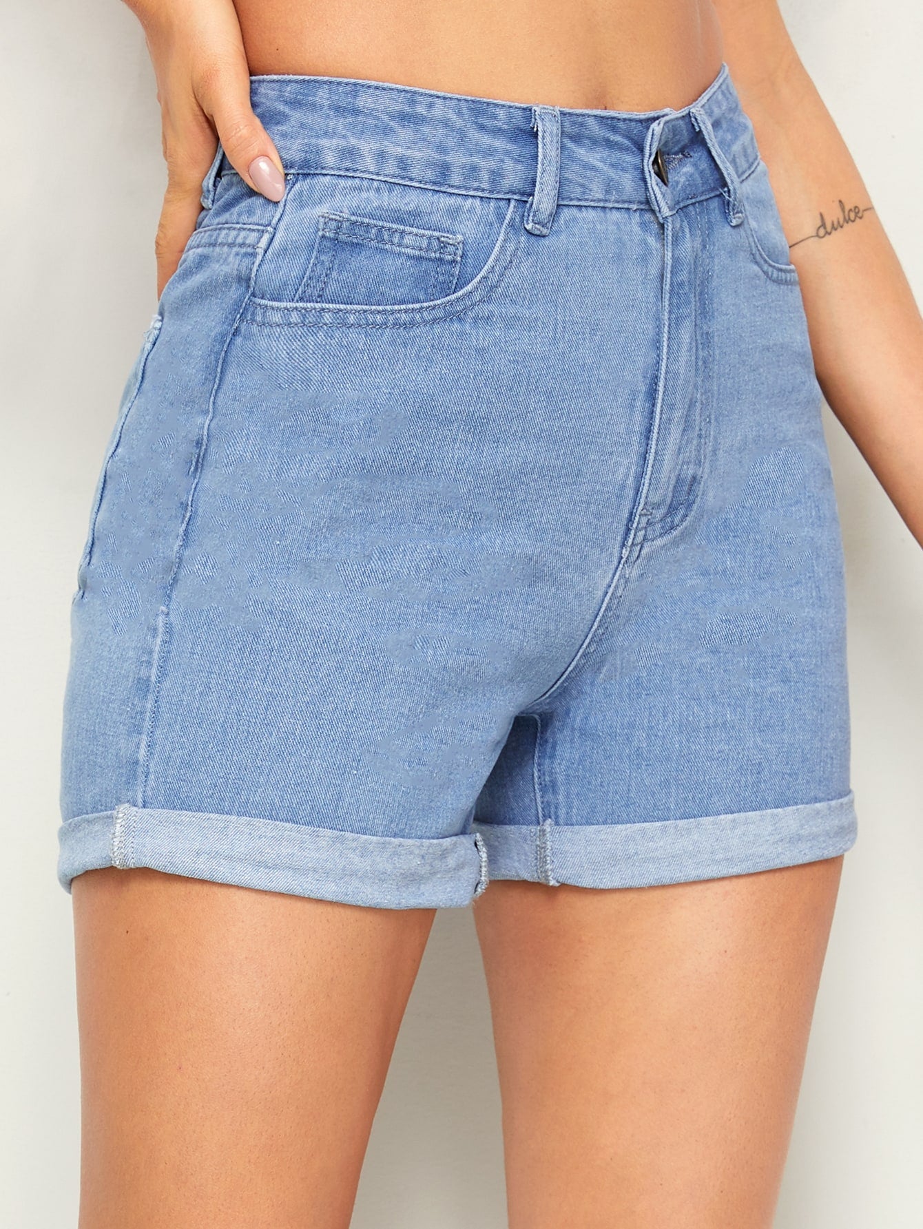 Bleach Wash Rolled Cuff Denim Shorts