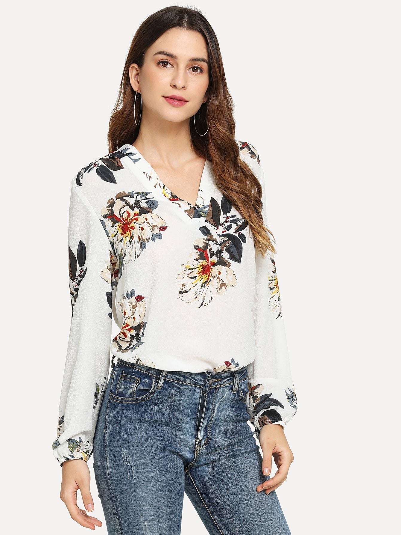 Blouson Sleeve Floral Print Top