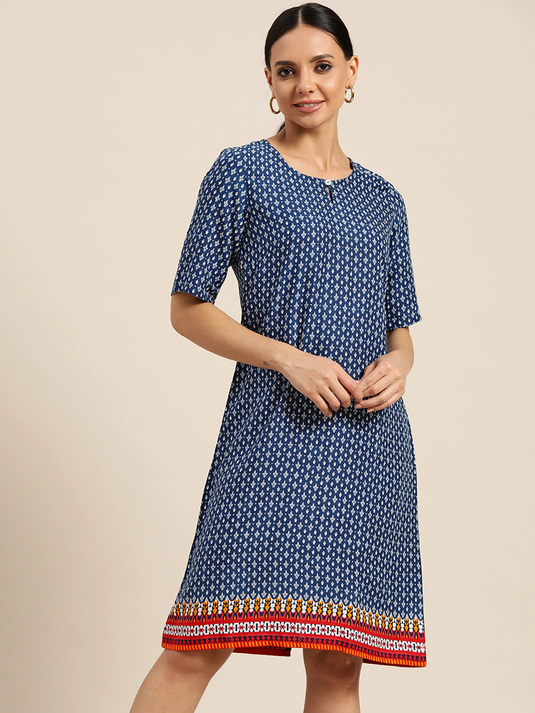 Blue & Off White Ethnic Motifs Print Dress