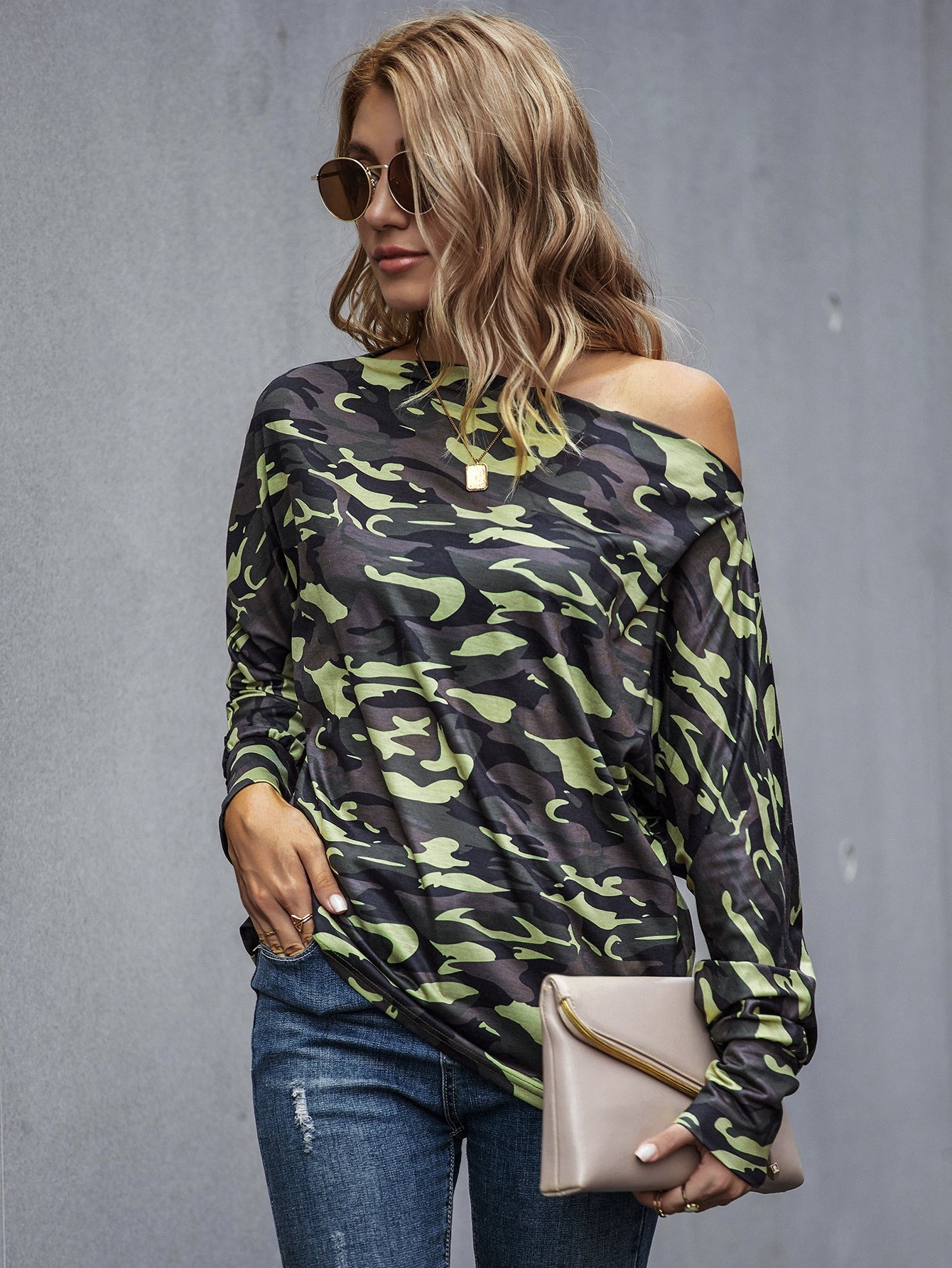 Boat Neck Batwing Sleeve Camo Print Tee