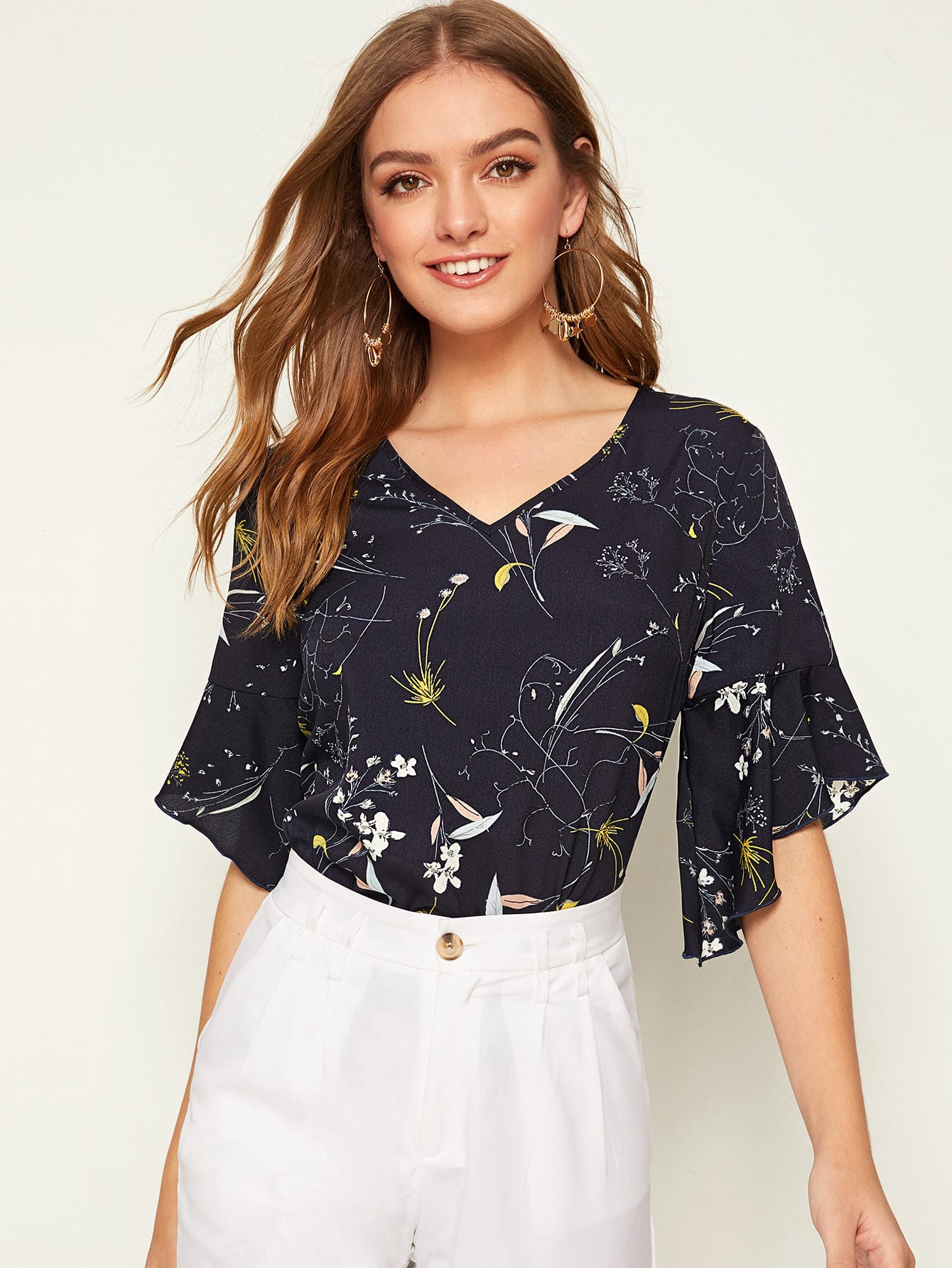 Botanical Print Asymmetrical Ruffle Cuff Top