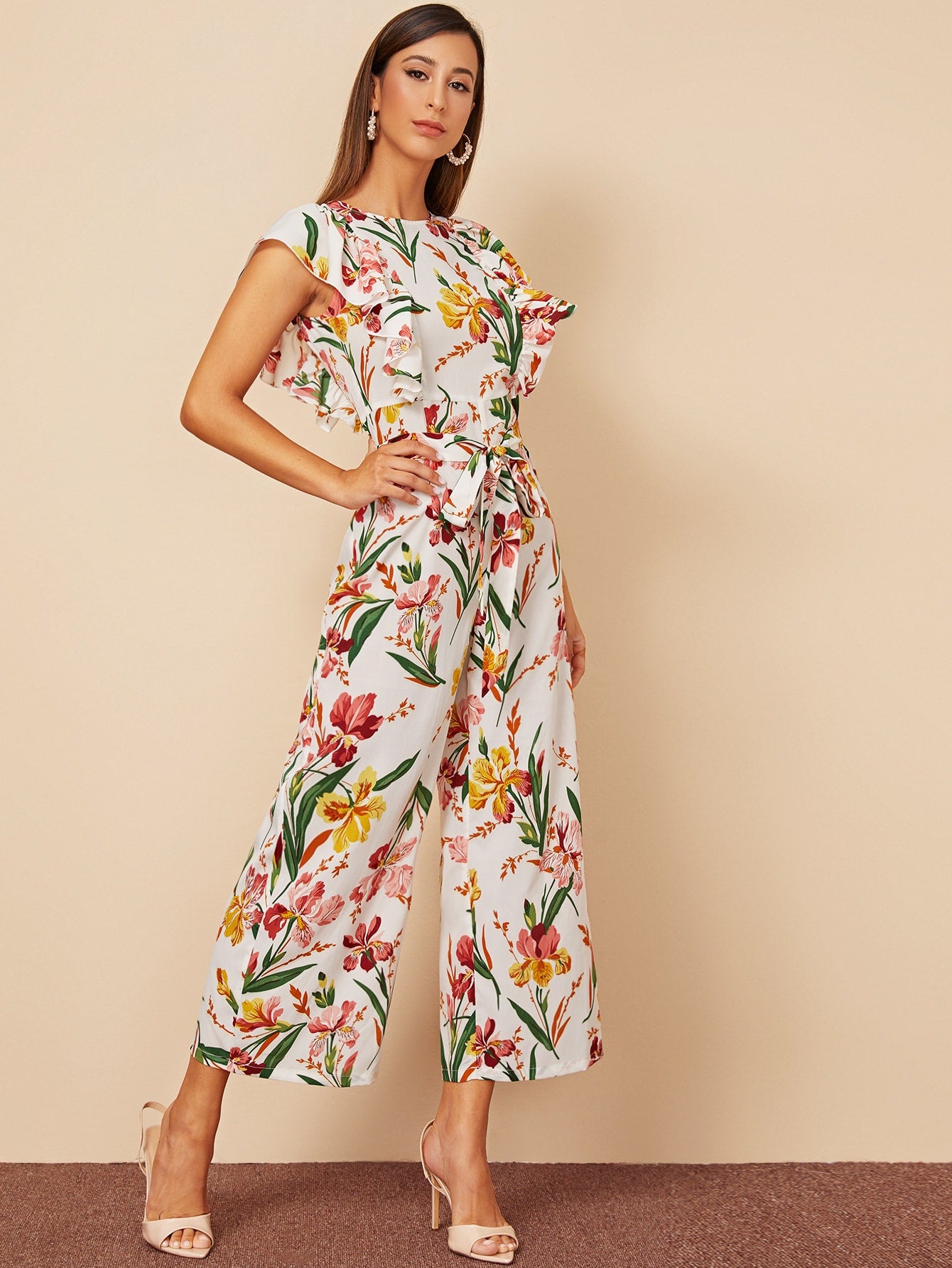 Botanical Print Ruffle Armhole Wide Leg Belted Jumpsuit