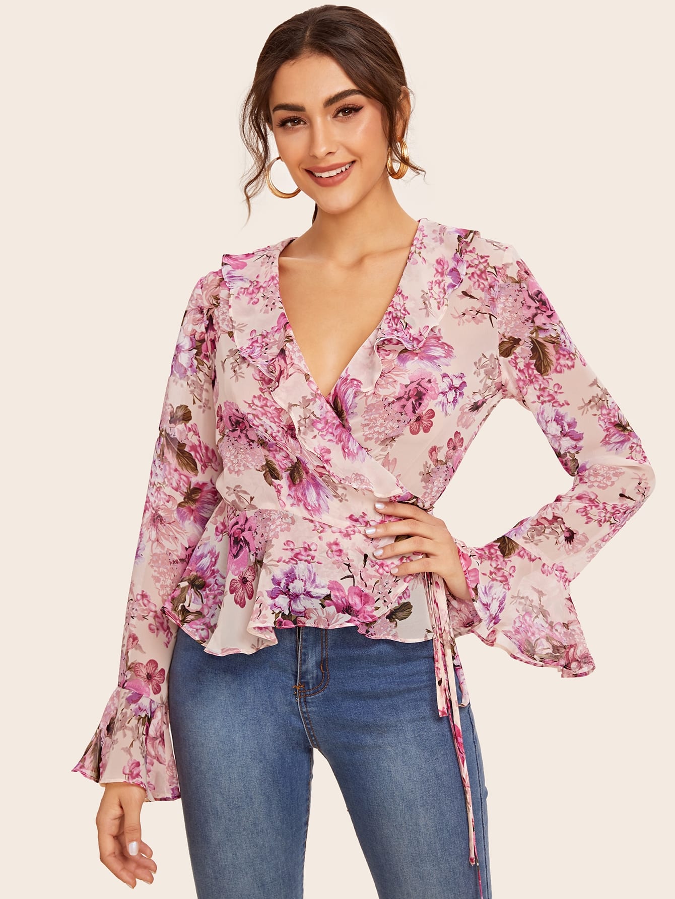 Botanical Print Ruffle Trim Tie Side Wrap Top