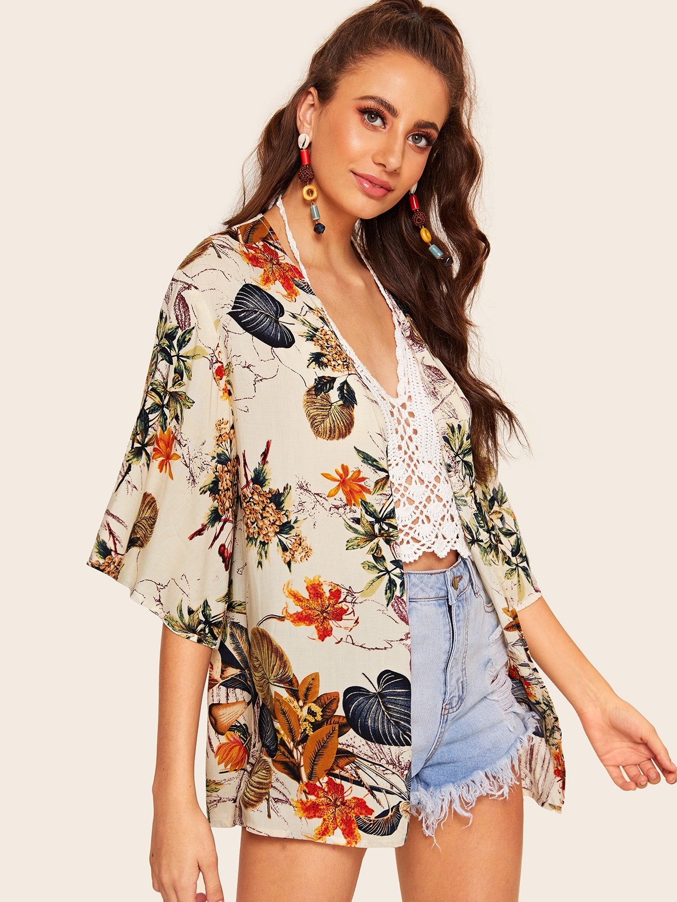 Botanical Print Short Sleeve Kimono