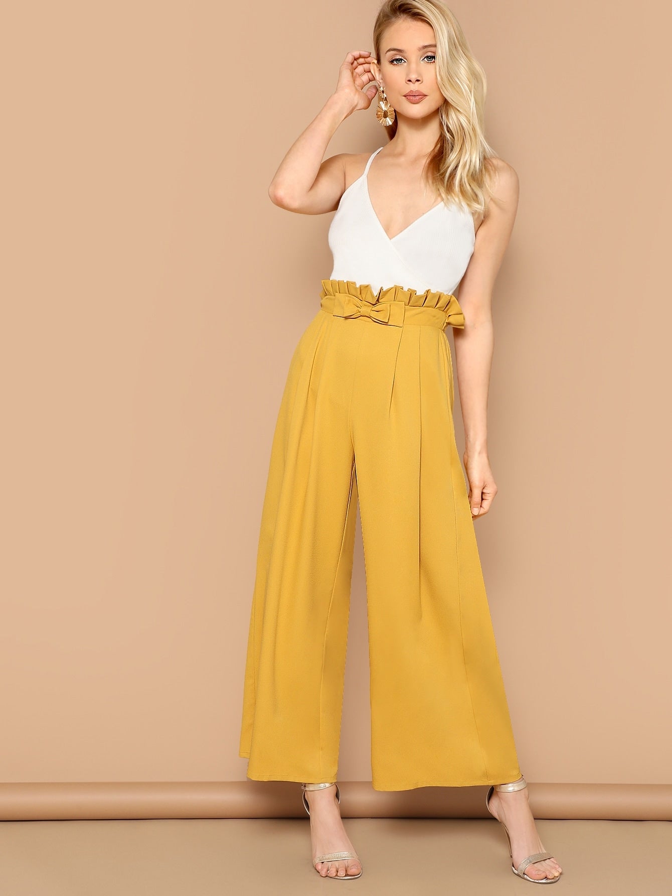 Bow Detail Paperbag Waist Fold Pleat Wide Leg Pants