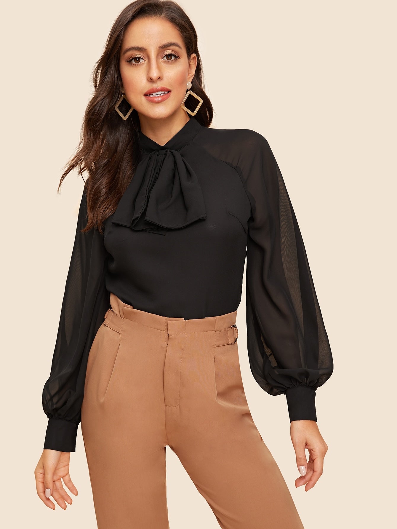 Bow Front Lantern Sleeve Split Back Blouse